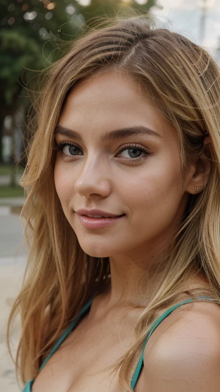 A 23-year-old blonde woman, ((pechos grandes)), ((hiperrealismo)) ,. blonde hair with light brown roots. cabello rubio, Hair with brown roots, cabello extra largo, cabello muy largo, Cabello muy largo, hermoso, perfil, Foto tomada de perfil con iPhone 15 pro, con fondo invernal, alta calidad, ojos verdes, labios carnosos, profundidad de campo, sonriendo, extremadamente detallado, estilo cinematico, buena iluminacion