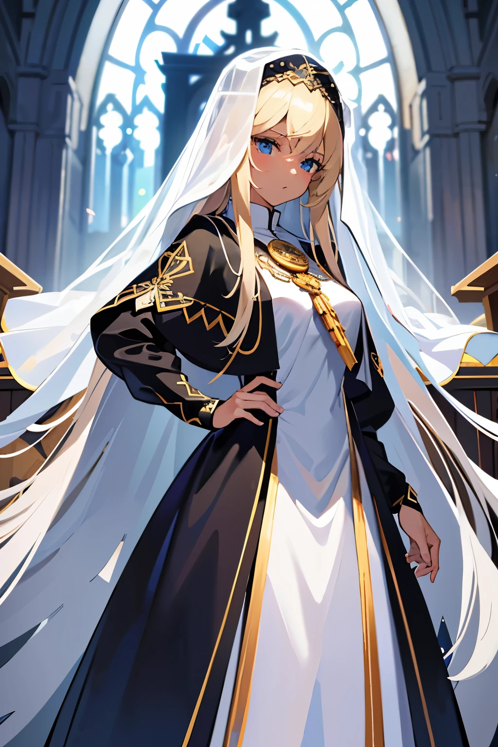 masterpiece, best quality, ultra detailed, 1girl, 20 years old, tall, priestess, white and black clothes, veil, blonde, long hair, black skin, blue eyes, in church