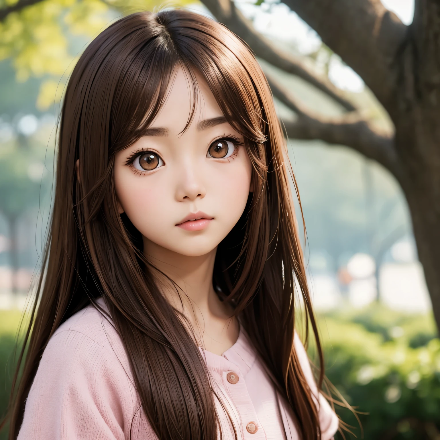 Girl beatifull with brown hair and long face big eyes and small nose. Asian. Anime style. Without bangs and big forhead. 