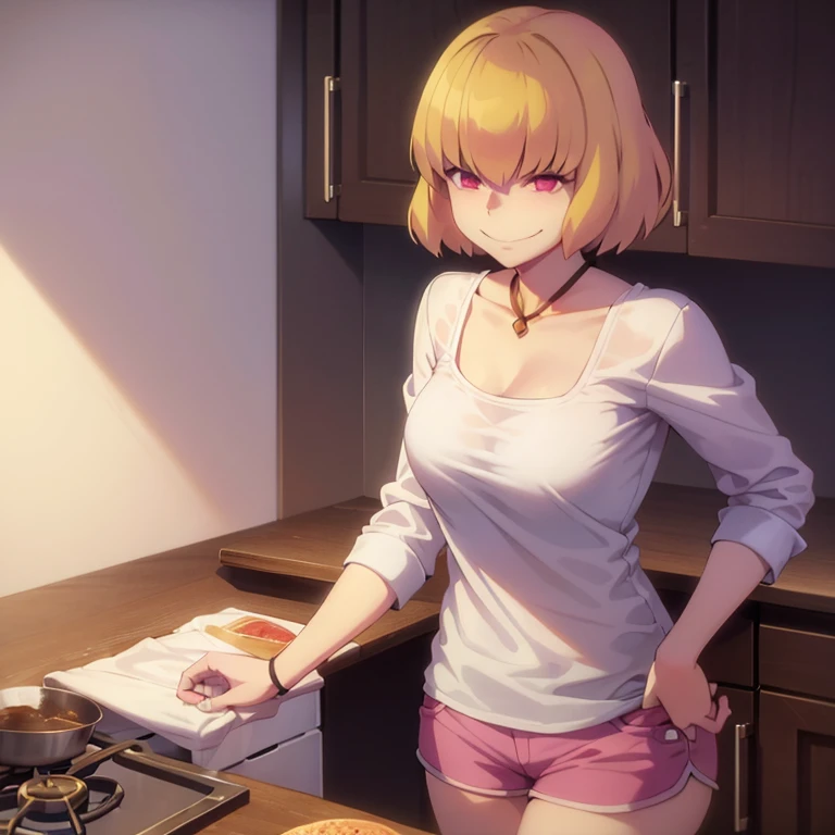 woman around twenty years old, with short blonde hair and delicate features, giving her a cat-like appearance. Cooking, Smiling,white shirt ,pink shorts , 