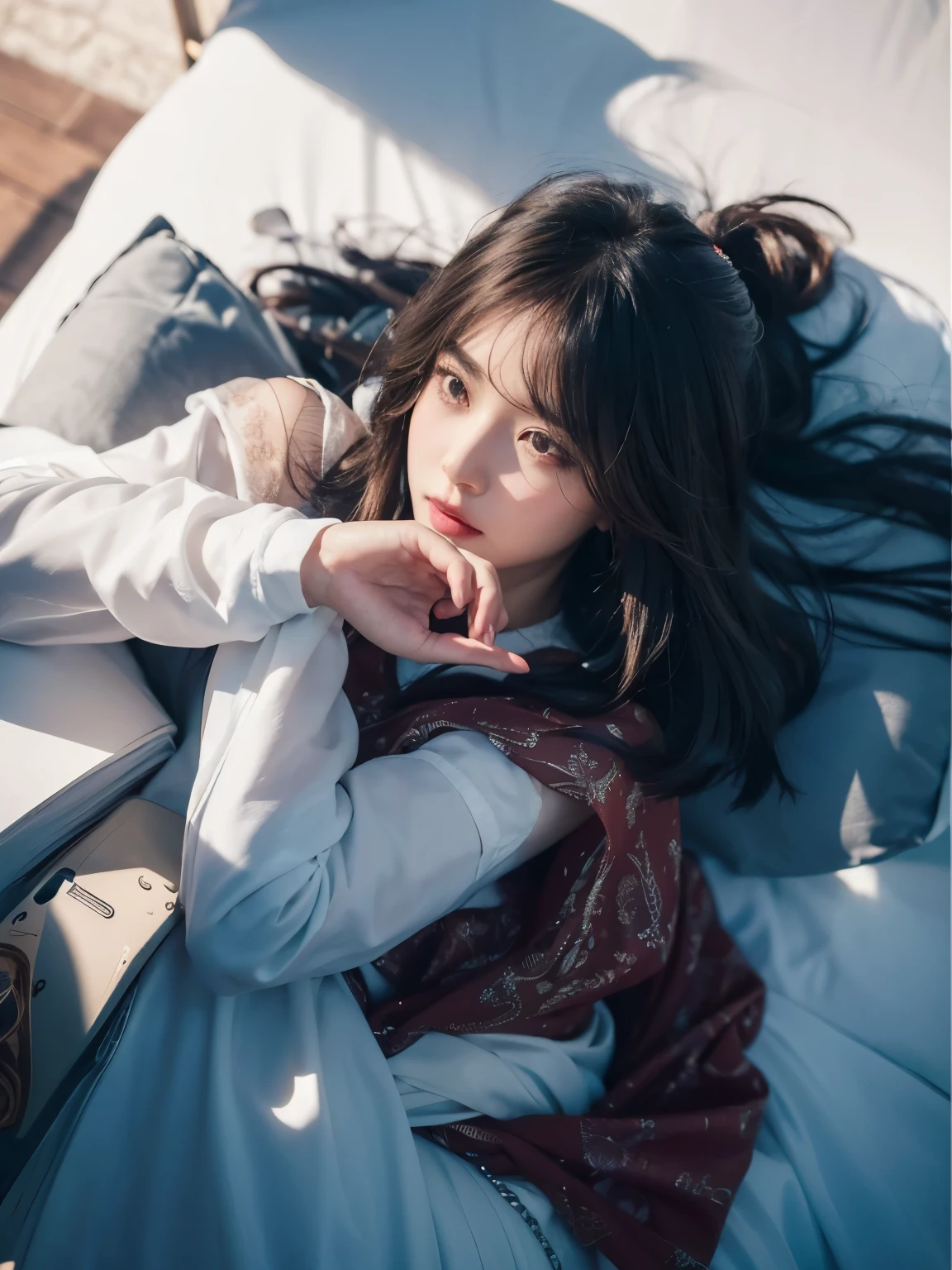 Girl with short ponytail wearing formal suit lying on restaurant table, Clear Eyes, Perfect body, (Looking down at the viewer:0.8), (Purelos Face_v1:0.2), Removable sleeves, Open your mouth, bangs, One girl, Shiny skin, (masterpiece;1.0), (Realistic:1.4), (Sharp focus:1.2),