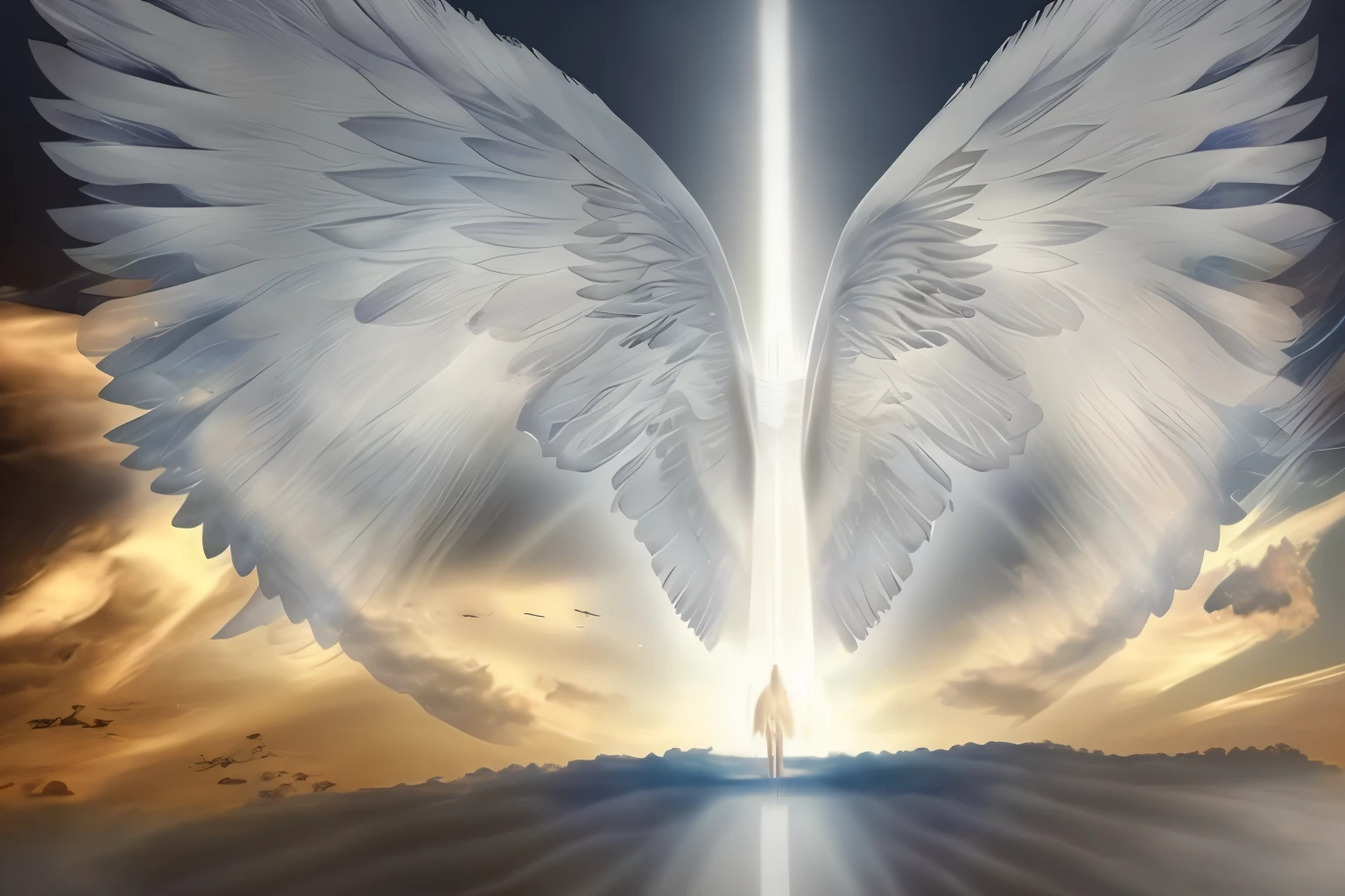 wings of an angel are flying in the sky above a person, big asas de anjo wide open, massive asas de anjo, epic asas de anjo, anjo protegendo o homem, infinite angelic wings, asas de anjo, grandes asas brancas brilhantes, angelic wings, anjo guia espiritual, infinite asas de anjo, beautiful angelic wings, humano alado, glowing angelic being, anjo largo, angelic, asas feitas de luz