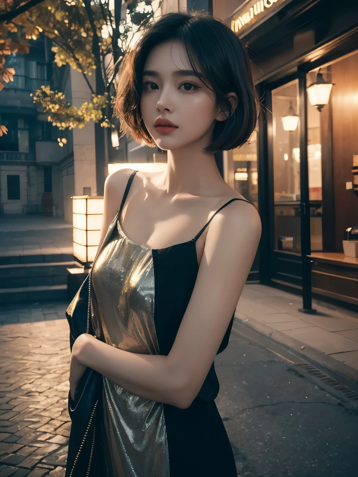 (Best quality, 8k, 32k, Masterpiece, UHD:1.2) "Produce a captivating art piece featuring a girl with a stylish bob haircut, illuminated by dramatic and cinematic lighting that accentuates the contours of her face and hair. Create an atmosphere that exudes intrigue and depth, with shadows and highlights playing a central role in defining the scene. The lighting should emphasize the girl's features and add an extra layer of drama to the composition, making it visually striking and evoking a sense of mystery and allure. the model in a candid yet elegant pose, encapsulating the enchantment and beauty of the moment in this dreamy, romantic setting."