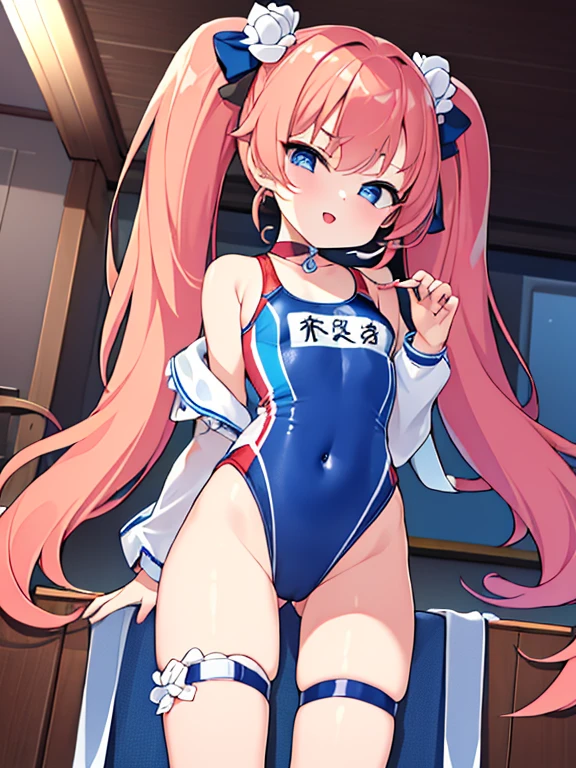 ((highest quality)), (masterpiece)), (detailed: 1.4), Unorganized resolution、High resolution、(masterpiece:1.4)、超detailed、one beautiful girl、highest quality、master piece、非常にdetailed、(1 girl):1.4、(Futuristic competitive swimsuit)、(Golden hair):1.3、twin tails、ショートtwin tails、choker、(dark blue eyes):1.1,(Near the future)、indoor pool background