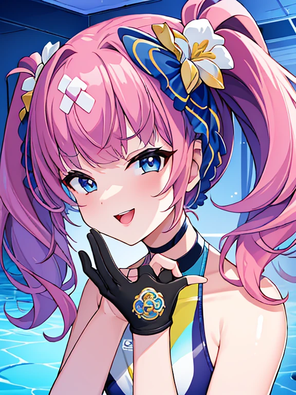 ((highest quality)), (masterpiece)), (detailed: 1.4), Unorganized resolution、High resolution、(masterpiece:1.4)、超detailed、one beautiful girl、highest quality、master piece、非常にdetailed、(1 girl):1.4、(Futuristic competitive swimsuit)、(Golden hair):1.3、twin tails、ショートtwin tails、choker、(dark blue eyes):1.1,(Near the future)、indoor pool background