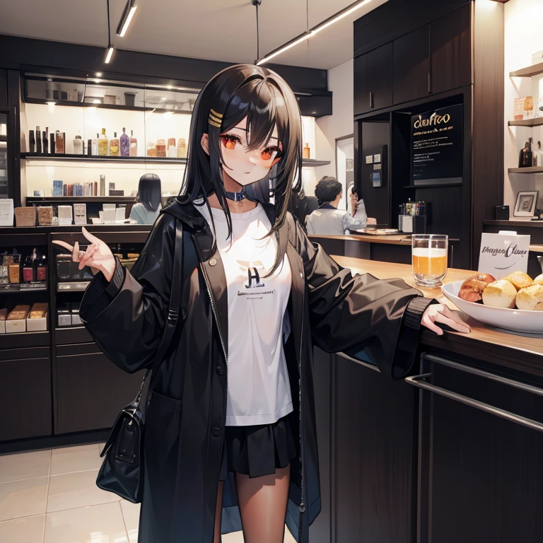 1 chica, pelo negro, Longitud media del cabello, ojo Cafe, ropa negra