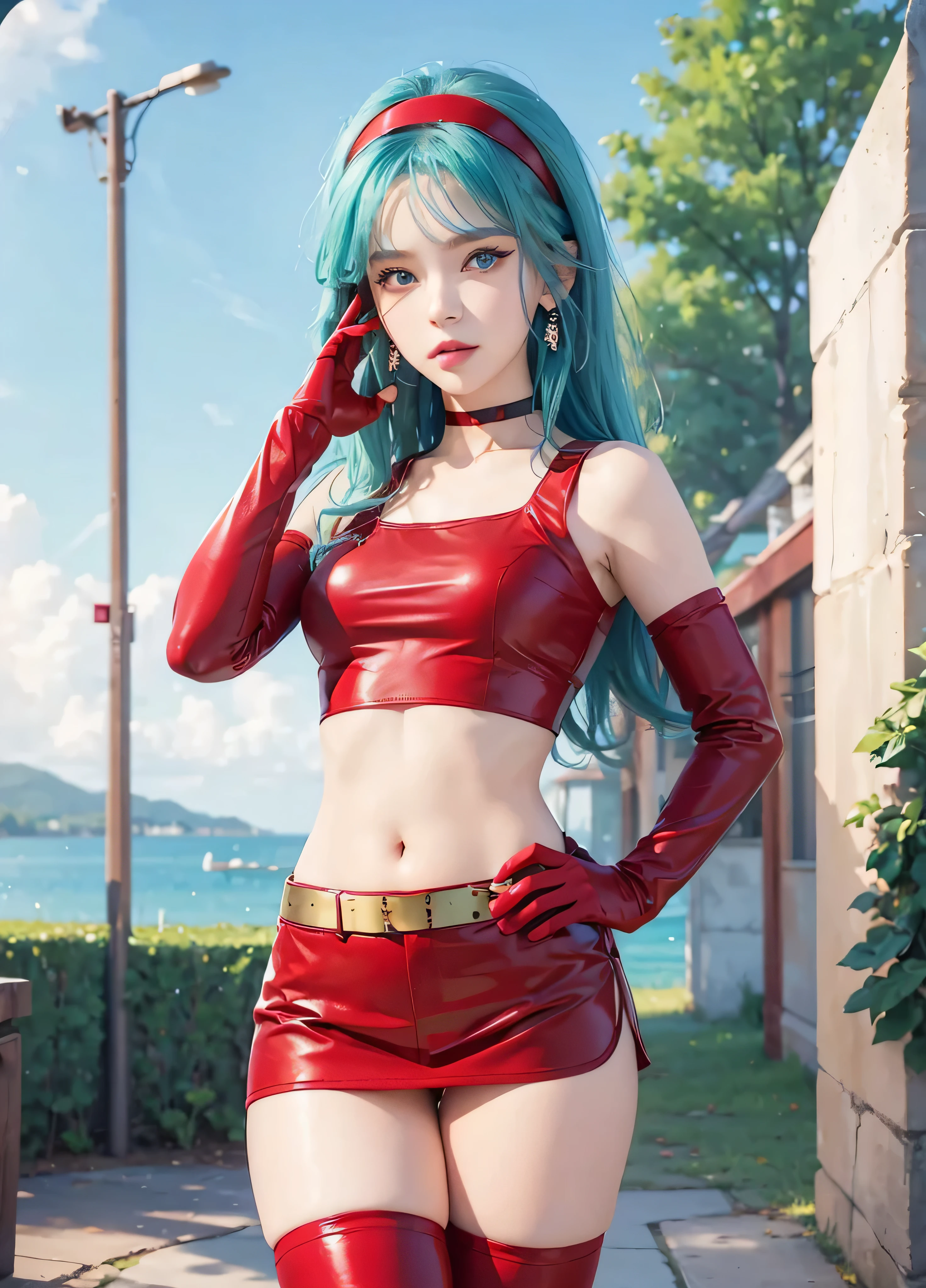 masterpiece, best quality, highest quality, photorealistic, perfect anatomy, perfect face, perfect eyes, aqua hair, brabulladbgt, red hairband, red gloves, red crop top, blue eyes, skirt, hoop earrings, choker, 1girl, outdoors, sexy pose
