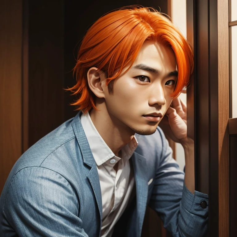 Man around 23 with orange hair and big eyes and small nose. Asian . Super stylish. Model without beard or mustache