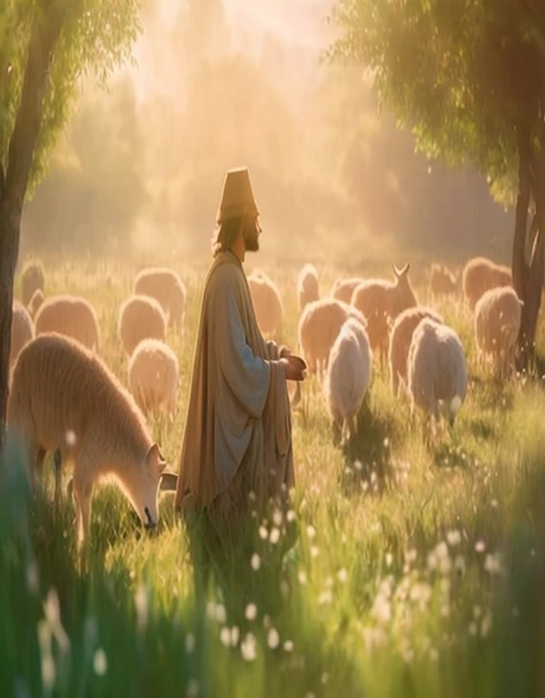 imagem arafada de um homem sentado em um campo com ovelhas, o senhor e salvador, peaceful scene, he is alone, reconfortante e familiar, he is greeting you warmly, pastoral, very calm and wholesome, peaceful atmosphere, ambiente pastoral, Jesus Cristo, ambiente tranquilo, sua mente contemplando a eternidade, Domingo, obturador, beautiful image ever created, pastoral fantastic reality