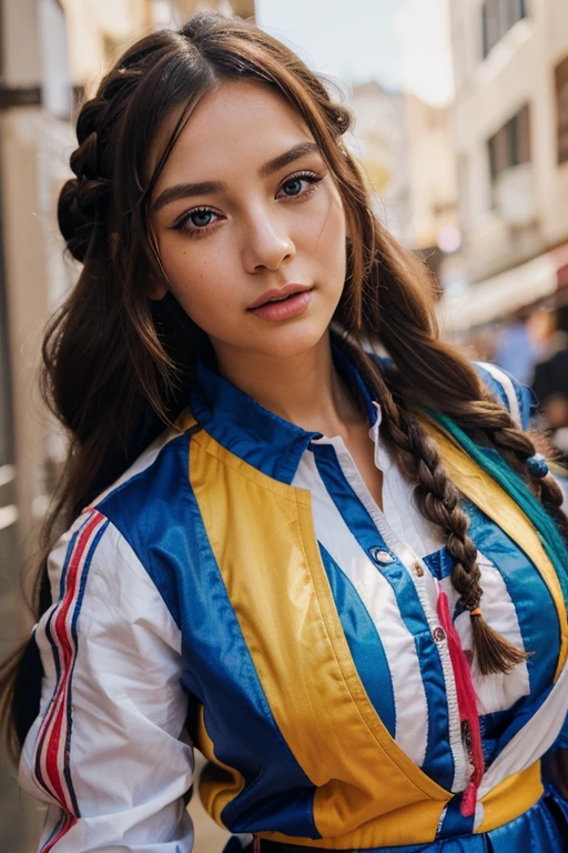 (anime,portrait,colorful) exuberant woman with braid, side bangs, French style cold uniform, beautiful detailed eyes, beautiful detailed lips, extremely detailed eyes and face, long eyelashes, vibrant colors, vibrant atmosphere, lively background, dynamic pose, confident expression, glossy hair, striking makeup, fashion forward, unique accessories, stylish footwear, surreal lighting, whimsical elements, energetic brushstrokes, vibrant brushwork, masterful composition, captivating gaze, intricate details, high-resolution image, vivid colors, bold art style, stunning visual impact, vibrant personality.