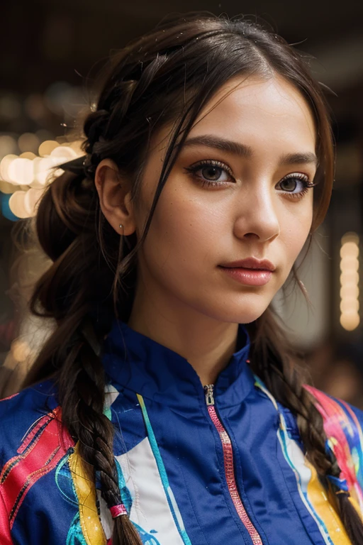 (anime,portrait,colorful) exuberant woman with braid, side bangs, French style cold uniform, beautiful detailed eyes, beautiful detailed lips, extremely detailed eyes and face, long eyelashes, vibrant colors, vibrant atmosphere, lively background, dynamic pose, confident expression, glossy hair, striking makeup, fashion forward, unique accessories, stylish footwear, surreal lighting, whimsical elements, energetic brushstrokes, vibrant brushwork, masterful composition, captivating gaze, intricate details, high-resolution image, vivid colors, bold art style, stunning visual impact, vibrant personality.