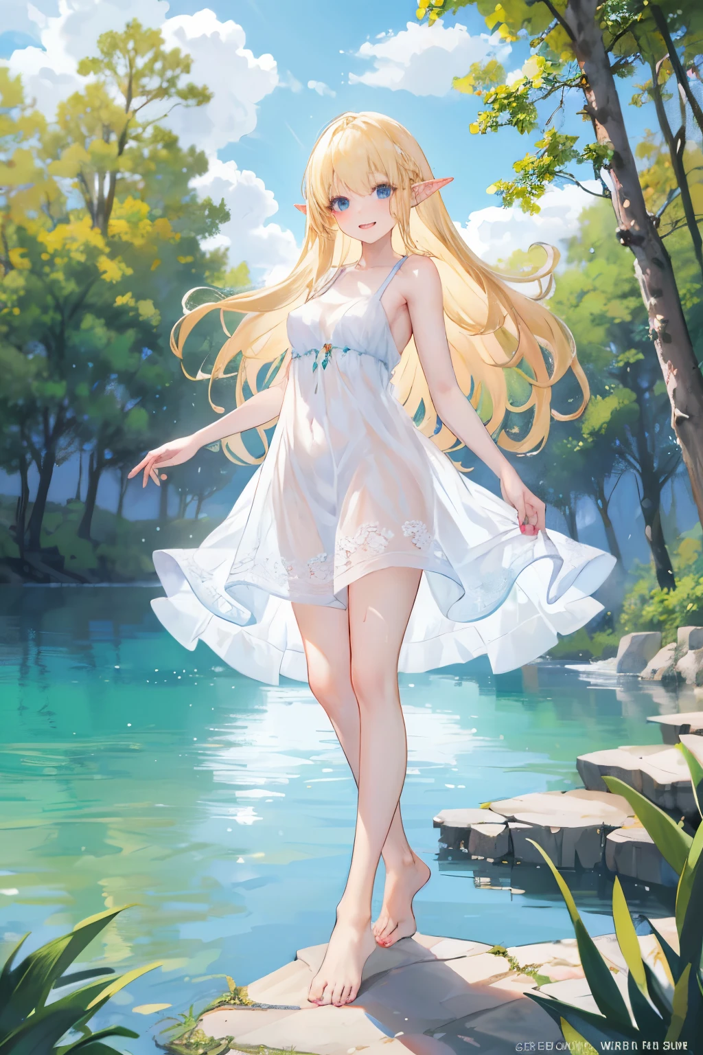 24 year old elf girl, blonde, long hair down to the back, I'm at a lake in the forest, Standing on the surface of the water, I can see the whole body, summer, White clouds in the blue sky, white sundress, sheer sundress, Sheer panties, Nipples showing through the sundress, Smiling, arms outstretched, barefoot, barefoot, Holding sandals in hand, Realistic,