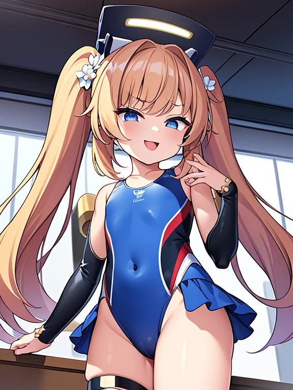 ((highest quality)), (masterpiece)), (detailed: 1.4), Unorganized resolution、High resolution、(masterpiece:1.4)、超detailed、one beautiful girl、highest quality、master piece、非常にdetailed、(1 girl):1.4、(Futuristic competitive swimsuit)、(Golden hair):1.3、twin tails、ショートtwin tails、(dark blue eyes):1.1,(Near the future)、indoor pool background