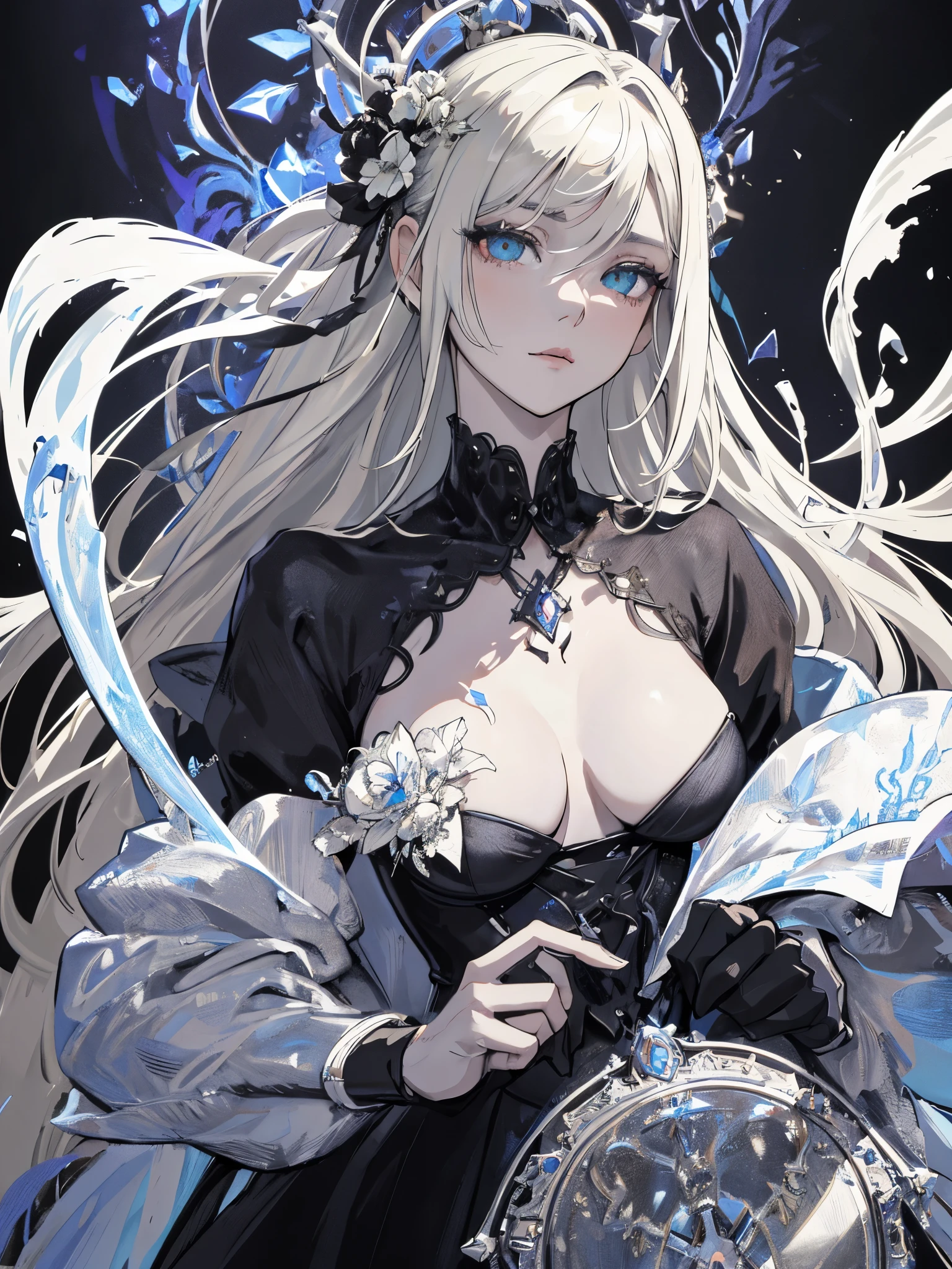 ((masterpiece, best quality)), (1girl), (solo), (female focus), (ash blonde hair, long hair, hair over one eye), green eyes, sad eyes, cold facial expression, cold look, pale skin, colour grading, dark illustration, extreme quality, radiant, extremely detailed, ultra-detailed face, ultra hd 8k, ultra digitality, mythical, dark lightning, perfect face, beautiful, (perfect composition: 1. 4), detailed face and body, award-winning photography , fields, detailed face, detailed hands, looking at the viewer, cinematic lighting, embers, (necromancer), (villain), (masterpiece, best quality, ultra-detailed, best shadow), (beautiful detailed face, feminine features), (best illumination), ((cinematic light)), colorful, hyper detail, dramatic light, intricate details, (dark circle under eyes), gothic, decadence, stunning, eerie, (christian iconography)