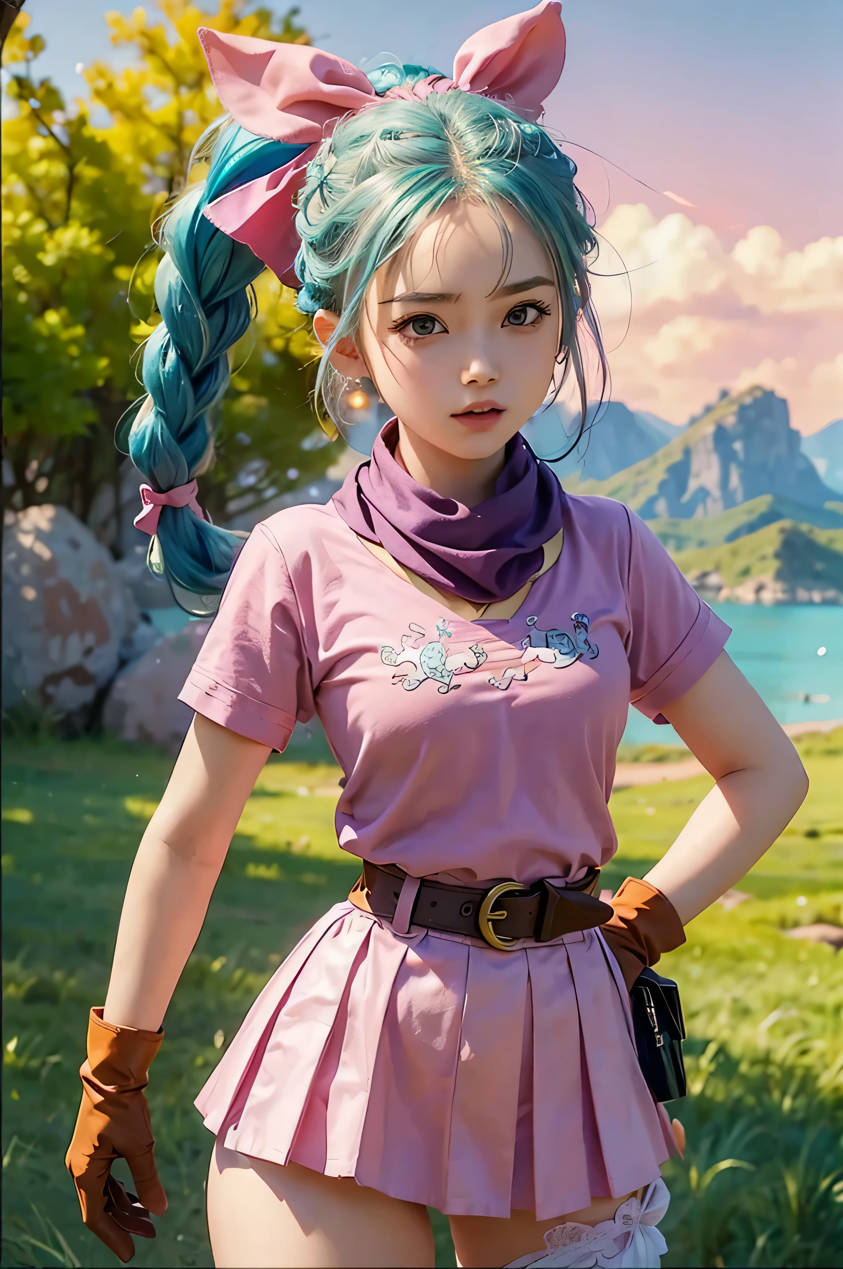 masterpiece, Highest quality, High resolution, Dragon Ball, Bull Pony, Aqua Hair, Hair Ribbon, Braided Ponytail, Pink Shirt, belt, scarf, Pink Skirt, Clothes writing, Brown gloves, Medium chest, Outdoor, Cowboy Shot, wave hands, smile