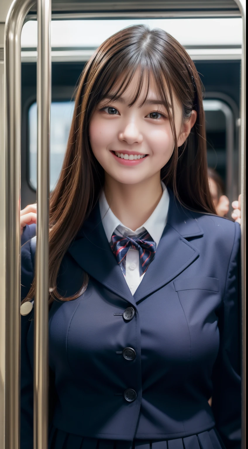 Enhanced dynamic perspective，cute cute beautiful girl，JK uniform，look at me and smile，The background is in a crowded train，works of masters，high quality，4K resolution，super fine，fine pubic hair，Accurate，cinematic lighting，Retain original facial proportions、((big and full breasts))、((button gap))