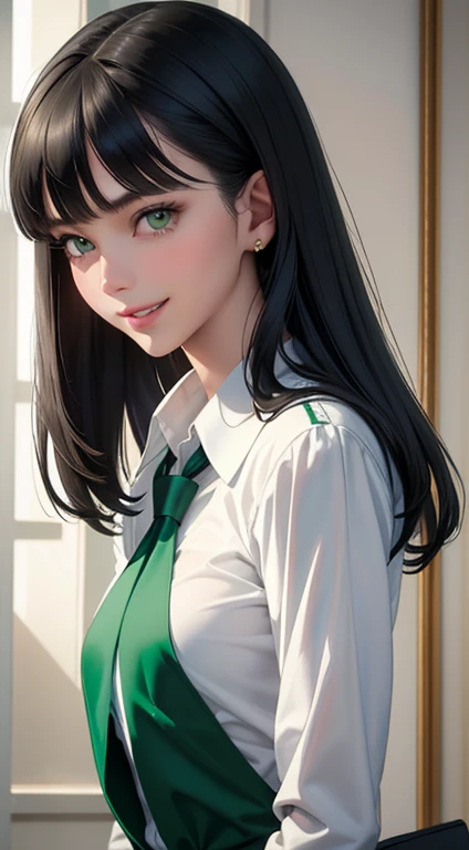 (masterpiece, highest quality), intricate details, thin, ((slim)), beautiful girl, light black hair, white skin, Light green eyes, sharp jaw line, high school girl uniform, messy hair, lips, Upper body, grin