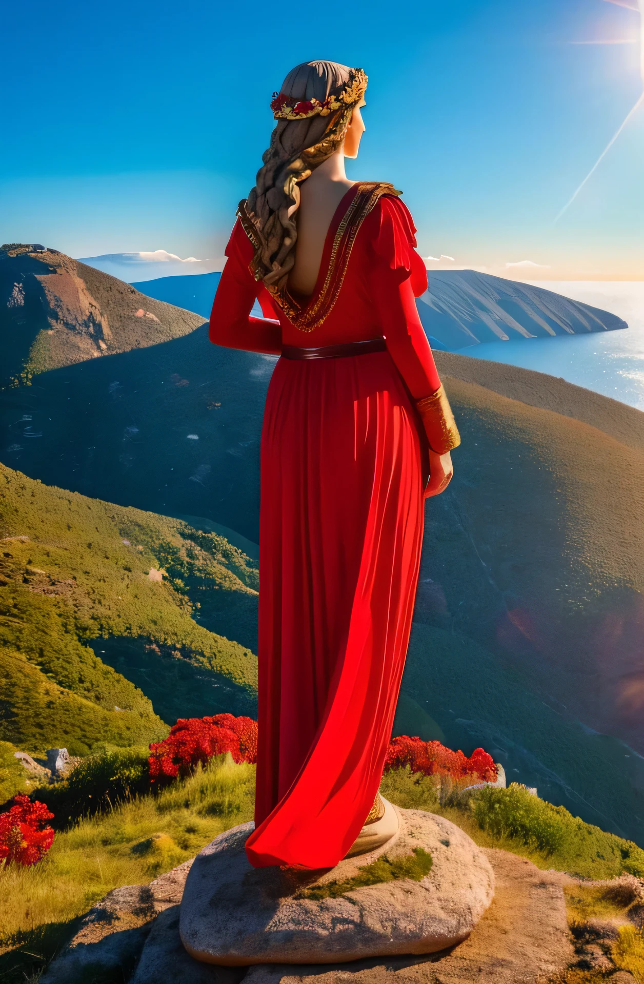 imagine a Greek goddess stone statue facing away from us, standing, full body, red clothing, in period costumes, contemplating the horizon on a mountain on a sunny morning. ultra realistic 4k image