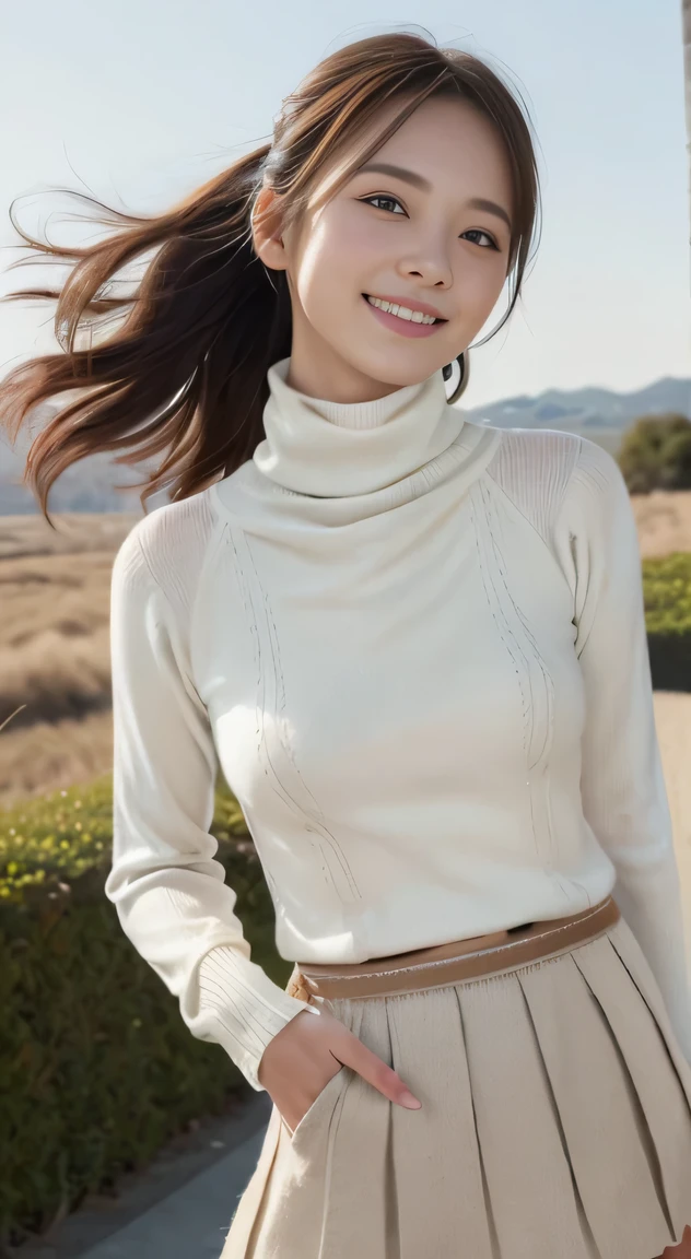 (1girl in:1.4),Natural smile, Cowboy Shot, Anatomically correct, Textured skin, Super Detail, Best Quality, masutepiece,gakki,Detail Beautiful delicate face、Detail Beautiful delicate eyes、depth of fields、Ray traching,a beauty girl,Model for women's fashion magazine,(Casual Fashion, elegant fabric, Turtleneck knitwear,skirt by the:1.5), Gorgeous, (Random hairstyle:1.2), (Floating hair:1.2), (Dynamic Pose:1.2), Soft lighting, Wind, makeup,(Natural smile:1.2),cowboy  shot