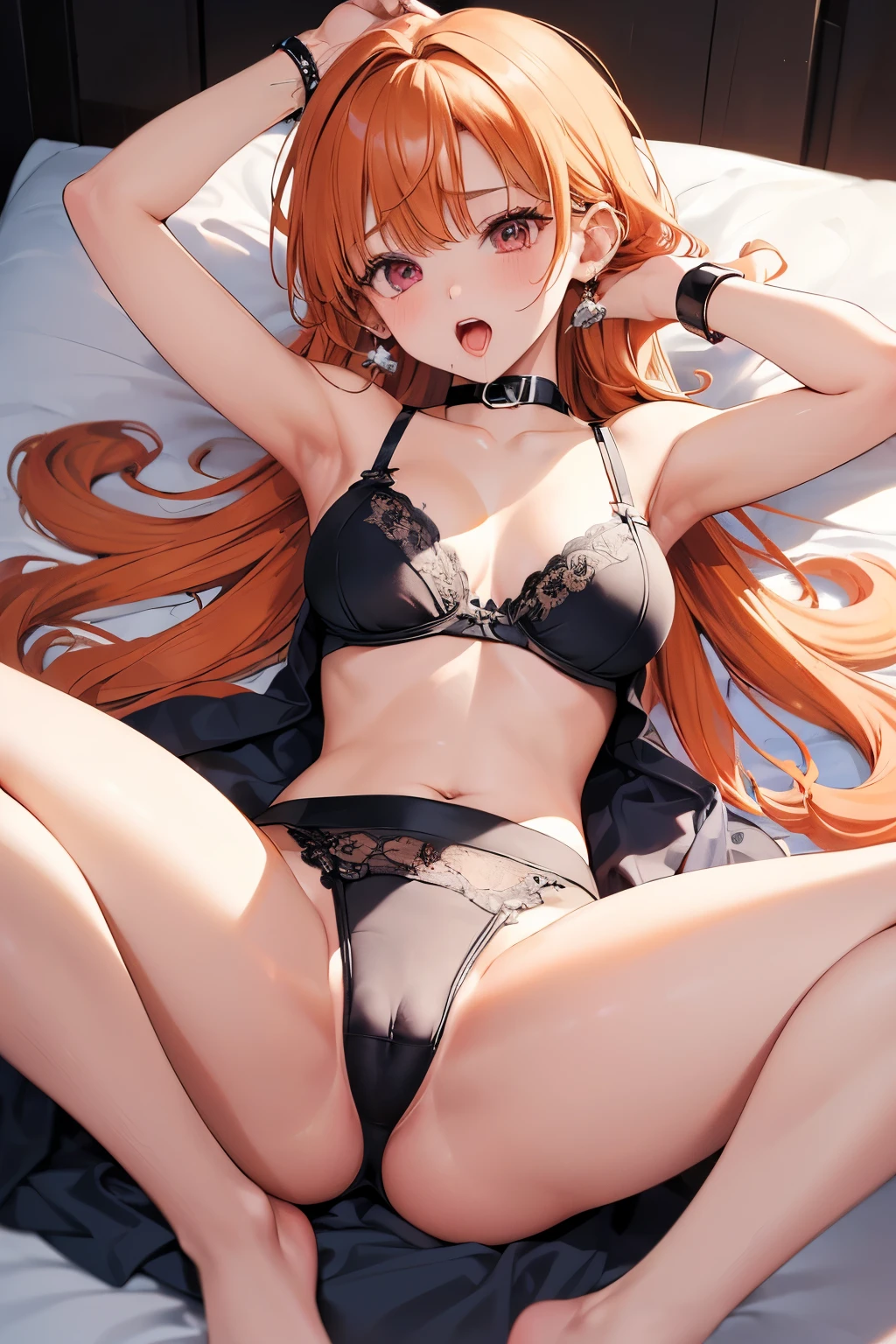 1 girl、High resolution、masterpiece、(alena-dq4、DQ4-ALENA、orange hair)、detailed depiction of the face、profile、blush、masturbation、masturbate、Pleasure wells up、go crazy with pleasure、sexual climax、open mouth and drool、Screaming、drunk、drunkard、(spreading legs on bed、lean back)、、low length、slender、muscular、thin thighs、(((bedroom、tits、Bra with detailed decoration、sexual panties with detailed decorations)))、dynamic posture