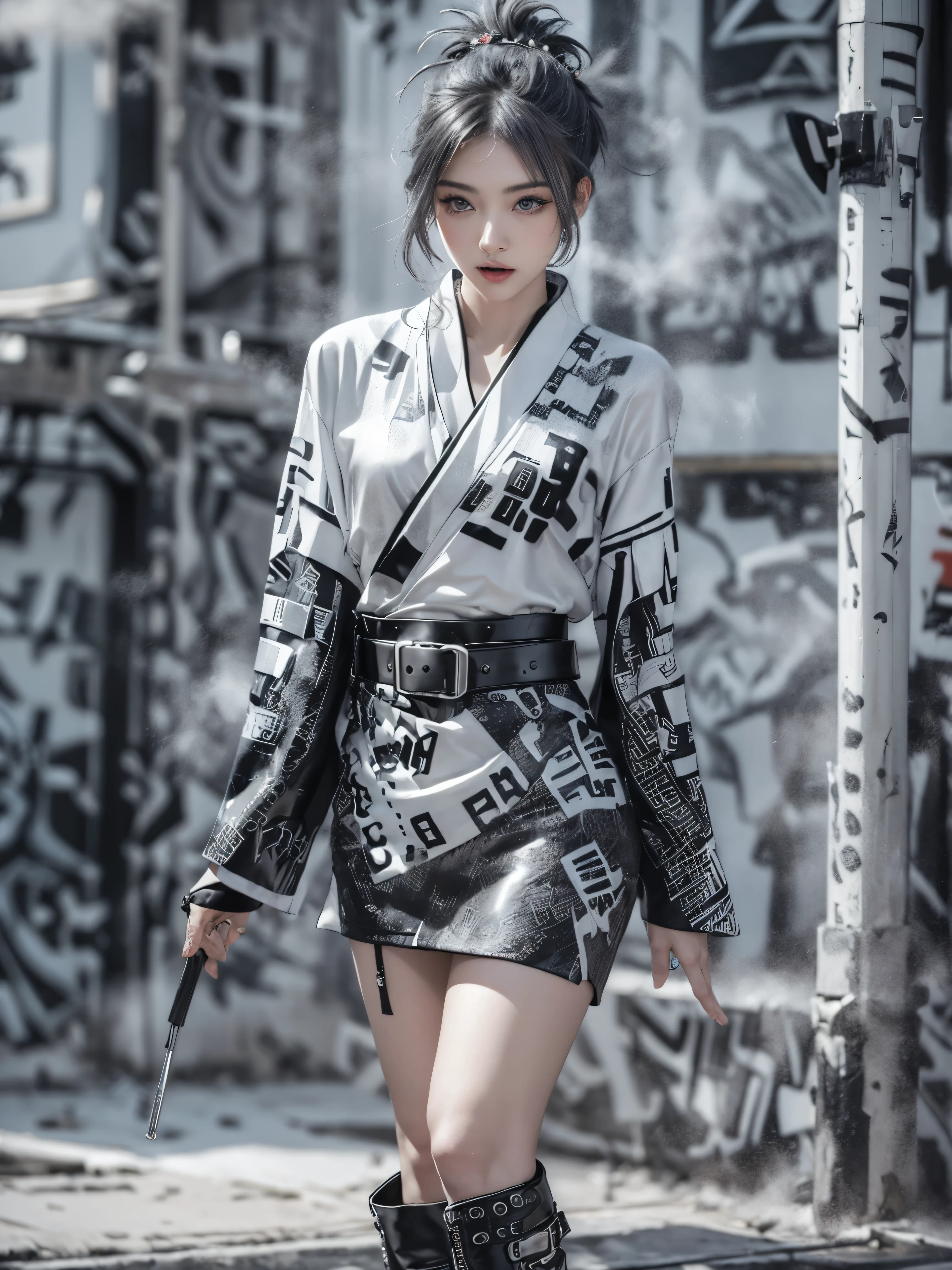  (Realistic:1.3), (official art), (gorgeous, elegant, luxury), (beautiful still life painting art), ultra detailed, beautiful, masterpiece, best quality, 
_
BREAK (1girl:1.2), 22 years old, 160 cm, Japanese cute model, Tightened all body, medium Breasts, small head, small face, diamond Face, small nose, Sharp Faceline, young hands and fingers, beautiful hands and fingers, five fingers, 
_
BREAK (Glossy Lips:1.3), (Light color lips, Half open mouth, beautiful Teeth:1.2), (dropy eyes, Double eyelid, Blue eyes:1.), 
_
BREAK (punk arranged hairstyle:1.3),(hairstyle with complicated decorations:1.3), (gray hair:1.3), 
_
 BREAK (White and black theme:1.3), (futuristic white background), (blurry background, Fog, mist:1.7),
_
BREAK (wide angle:1.7), (standing:1.6), (sexy Gravure pose:1.6),
_
BREAK（White and black theme:1.4), (Geometric pattern print:1.4),(fusion of traditional High collar  kimono and punk elements:1.4),(long Tight skirt:1.4), (black leather jacket with white silk kimono:1.2), (silver studded details on kimono:1.2), (punk-inspired accessories, black Leather thigh belt:1.4),
_ BREAK
 (punk-style boots:1.2),
_ BREAK
(Cityscape background:1.2), (White and black graffiti-covered walls:1.4),
_ BREAK
(Confident sitting pose:1.2), 
