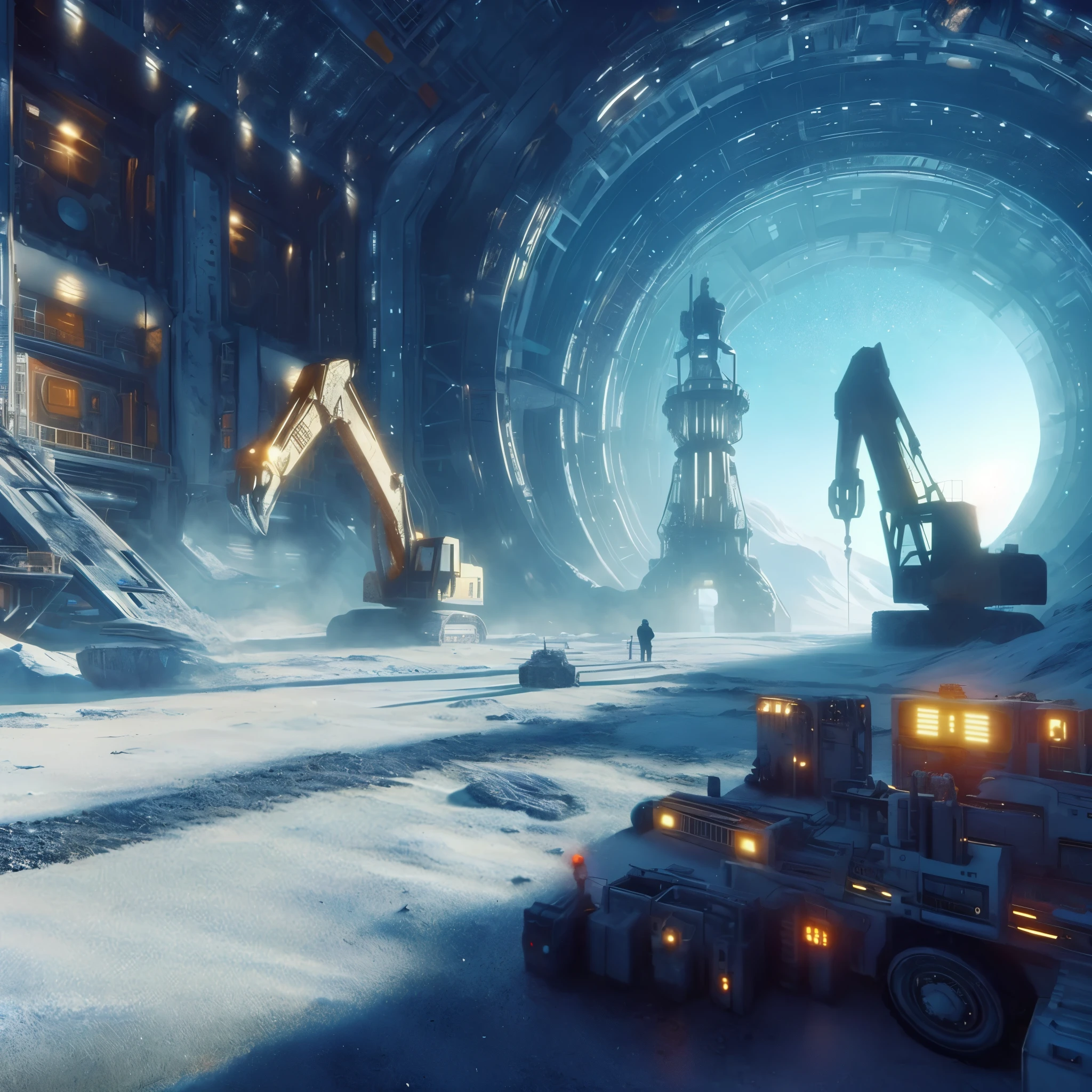 there is a large truck driving through a tunnel in a sci - fi environment, industrial futuristic ice mine, unreal engine 4k wallpaper, industrial scifi, satisfactory screenshot, 8 k high detail concept art, in a sci-fi shipping port, smelting pit'beeple, 8k hd concept art, scifi environment, moody mining planet, sci - fi environment