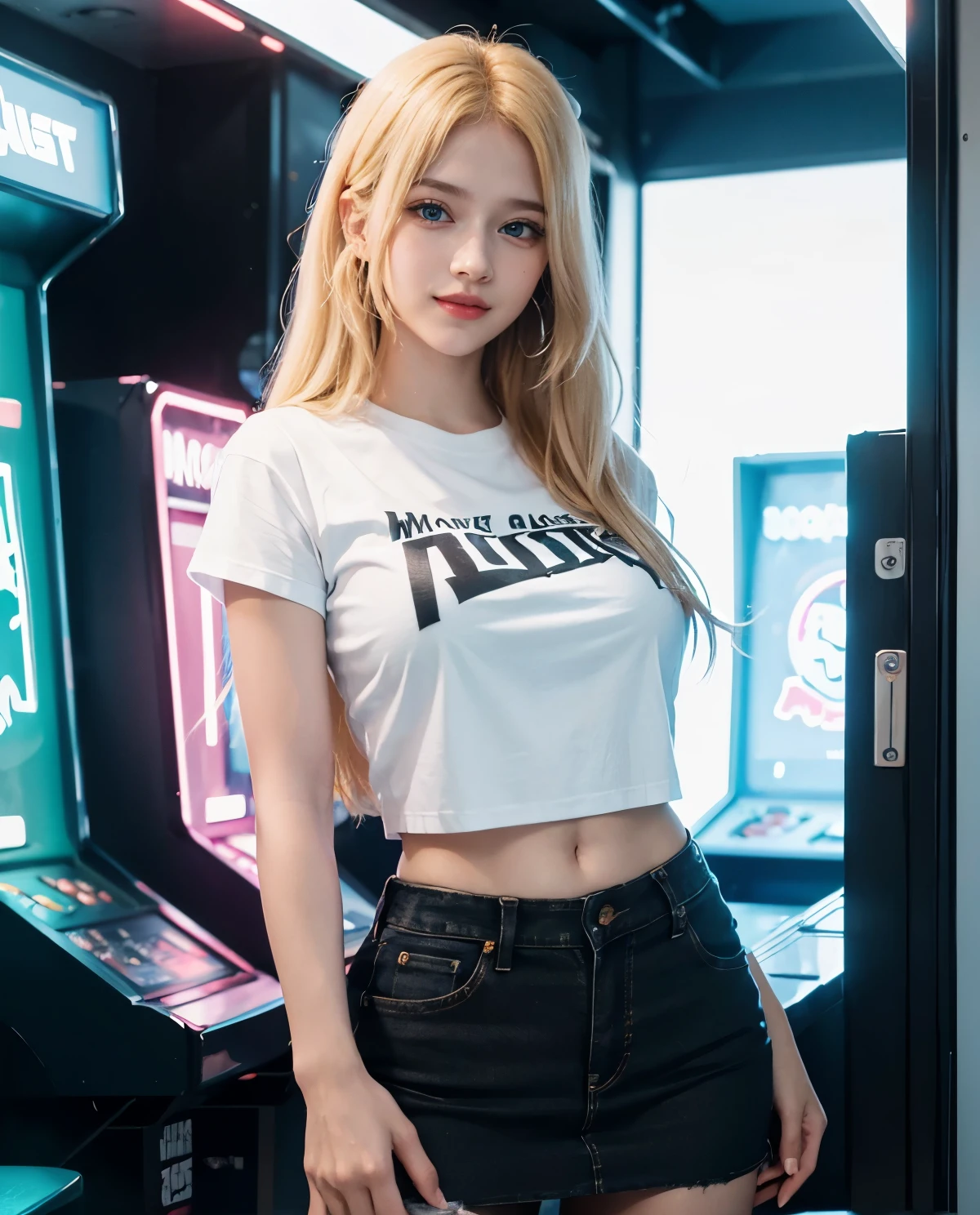 1girl, Blue eyes, (smiling), (Sana Minatozaki), wide hips, Big Boobs, big ass, (Best Quality, 8k, Masterpiece: 1.3), perfect hands, Clear Focus: 1.2, Perfect Body Beauty: 1.4 , Strongs Abs: 1.2, Highly detailed face and skin texture, detailed eyes, double eyelids, (blonde long hair), ((black and white t-shirt)), (jeans skirt), standing, in an arcade room, illuminated with neon lights, arcade games in the background