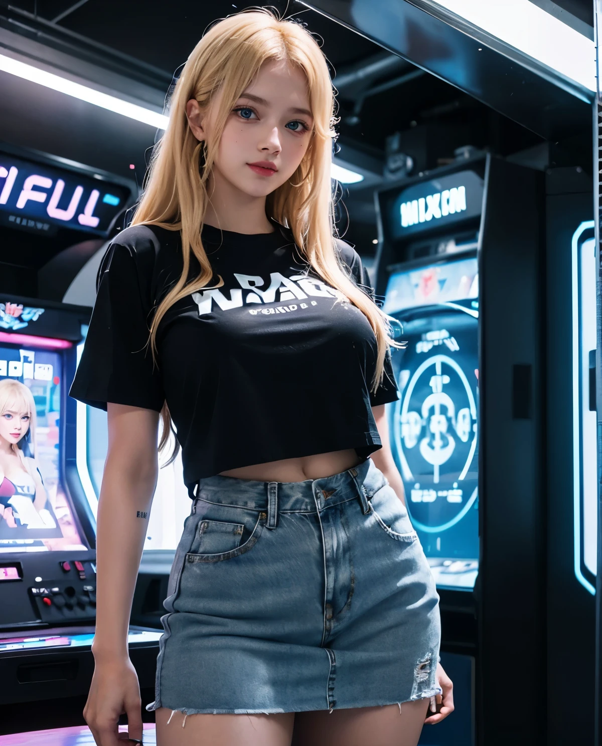 1girl, Blue eyes, (smiling), (Sana Minatozaki), wide hips, Big Boobs, big ass, (Best Quality, 8k, Masterpiece: 1.3), perfect hands, Clear Focus: 1.2, Perfect Body Beauty: 1.4 , Strongs Abs: 1.2, Highly detailed face and skin texture, detailed eyes, double eyelids, (blonde long hair), ((black and white t-shirt)), (jeans skirt), standing, in an arcade room, illuminated with neon lights, arcade games in the background