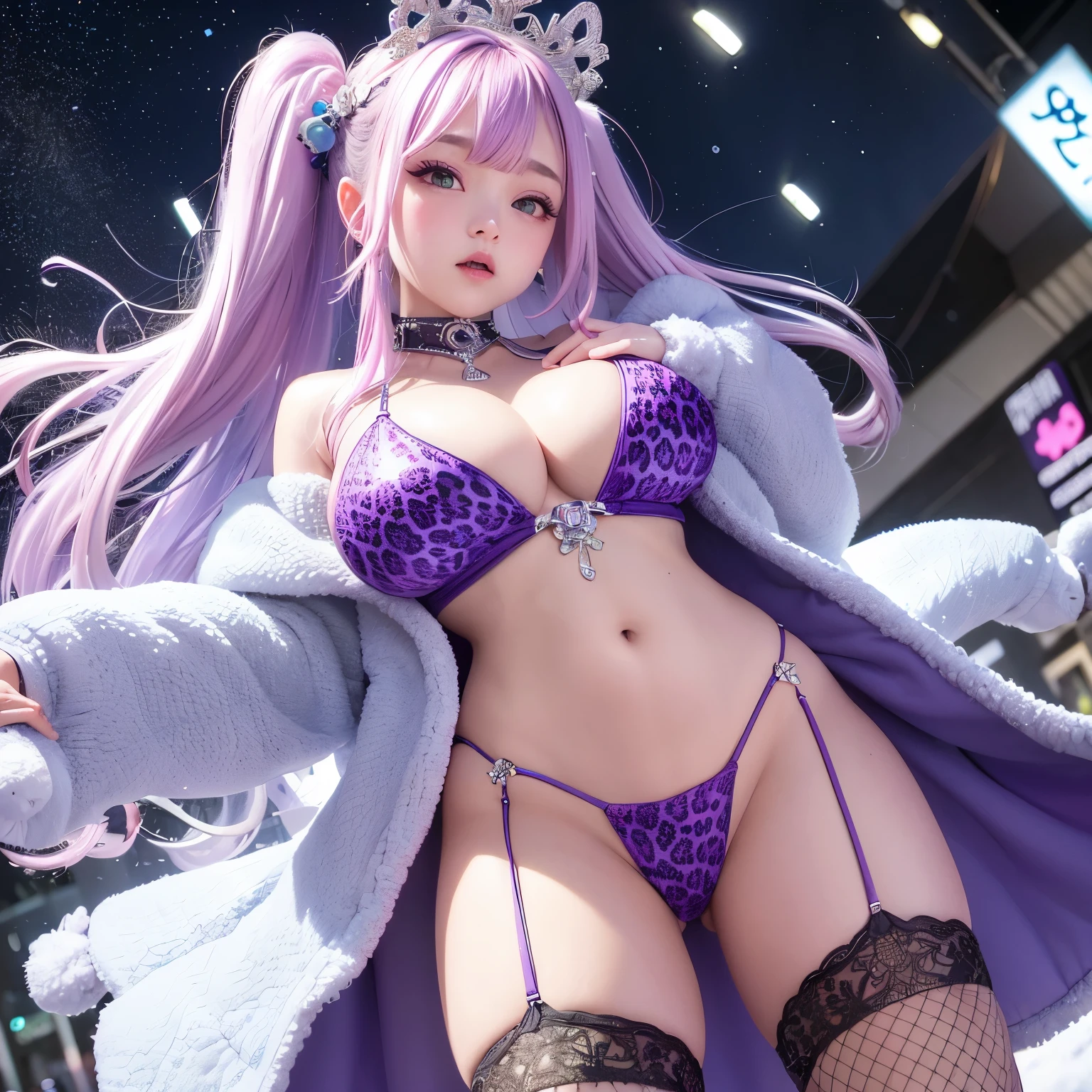Upper body、one girl、I have dark blue hair color、two - tone、(pink highlight hair、bun hair、jewel design tiara、jewel design tiary、super huge boobs、Purple leopard print jewel design bikini、off shoulder、coat with fur、Sparkling jewel lace decoration on the body、Countless glowing spheres float、heavy snow falls、in the street、look at the camera、Purple leopard print jewelry design thong panties、jewelry design garter belt、Fishnet tights、Girl showing her ass、behind、face down、back view、fuck from behind、stick out your butt、blush、white powder flies in the air、Blizzardが降っています、Blizzard、Sparkling snowflakes fall、the city is covered with snow、big snowman、Snow rabbit