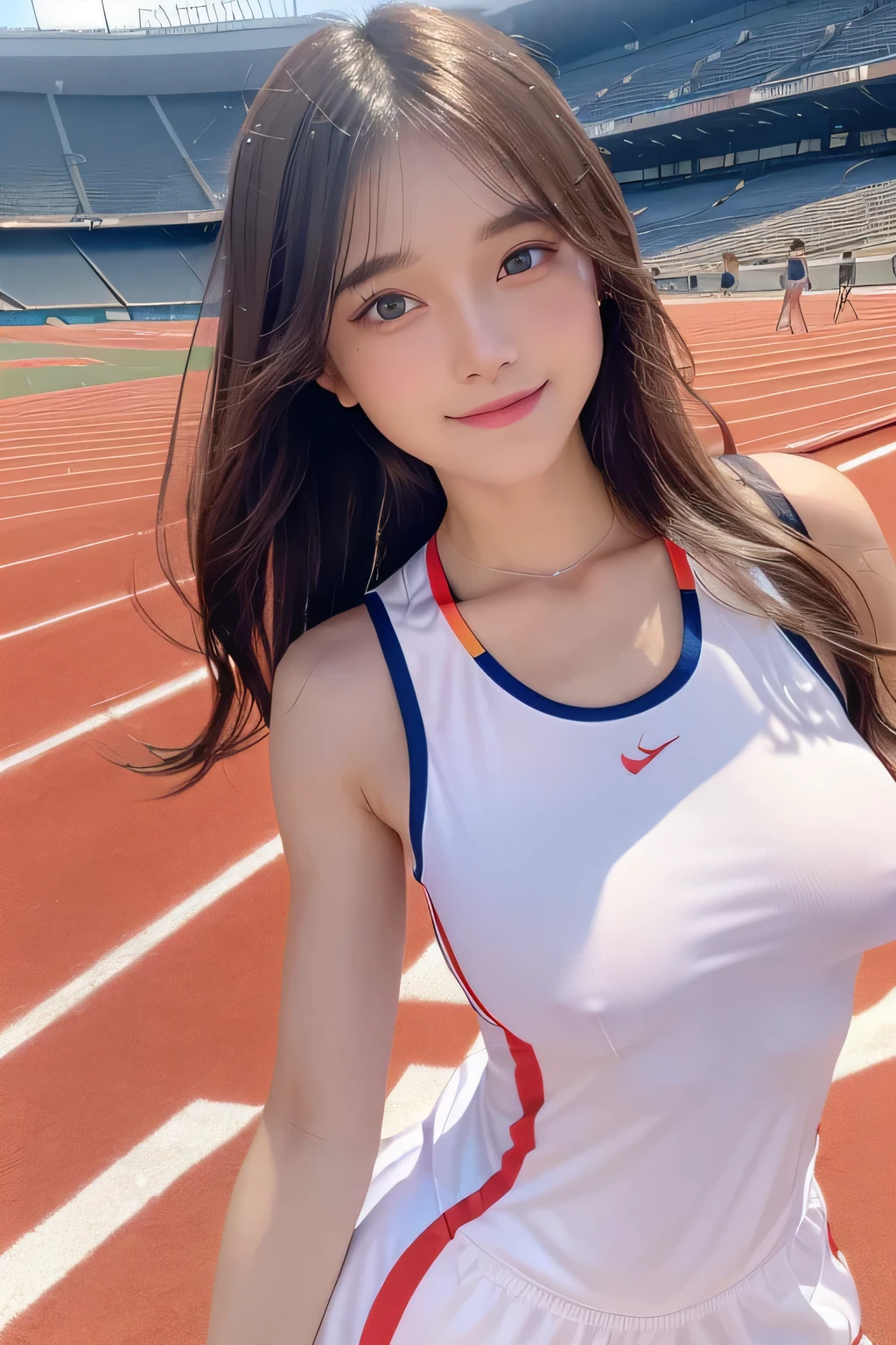 pieces fly、masterpiece、highest quality、Super detailed、High resolution、High resolution、8K portrait、unity 8k wallpaper、Detailed CG、unity 8k wallpaper、Detailed CGユニティ8kの壁紙、realistic、real person、portrait photography、shiny skin、（ 1:2）、(cute:1.4)、High resolution、beautiful clear eyes、very detailed explanation、delicate face、nice lips、thin waist、thin legs、1 girl、(athletics stadium:1.4)、(colorful sleeveless track and field uniform:1.4)、(big breasts:1.3)、(Swelling of the nipples:1.3)、(smile)、(abs:1.3)、(wavy hair)