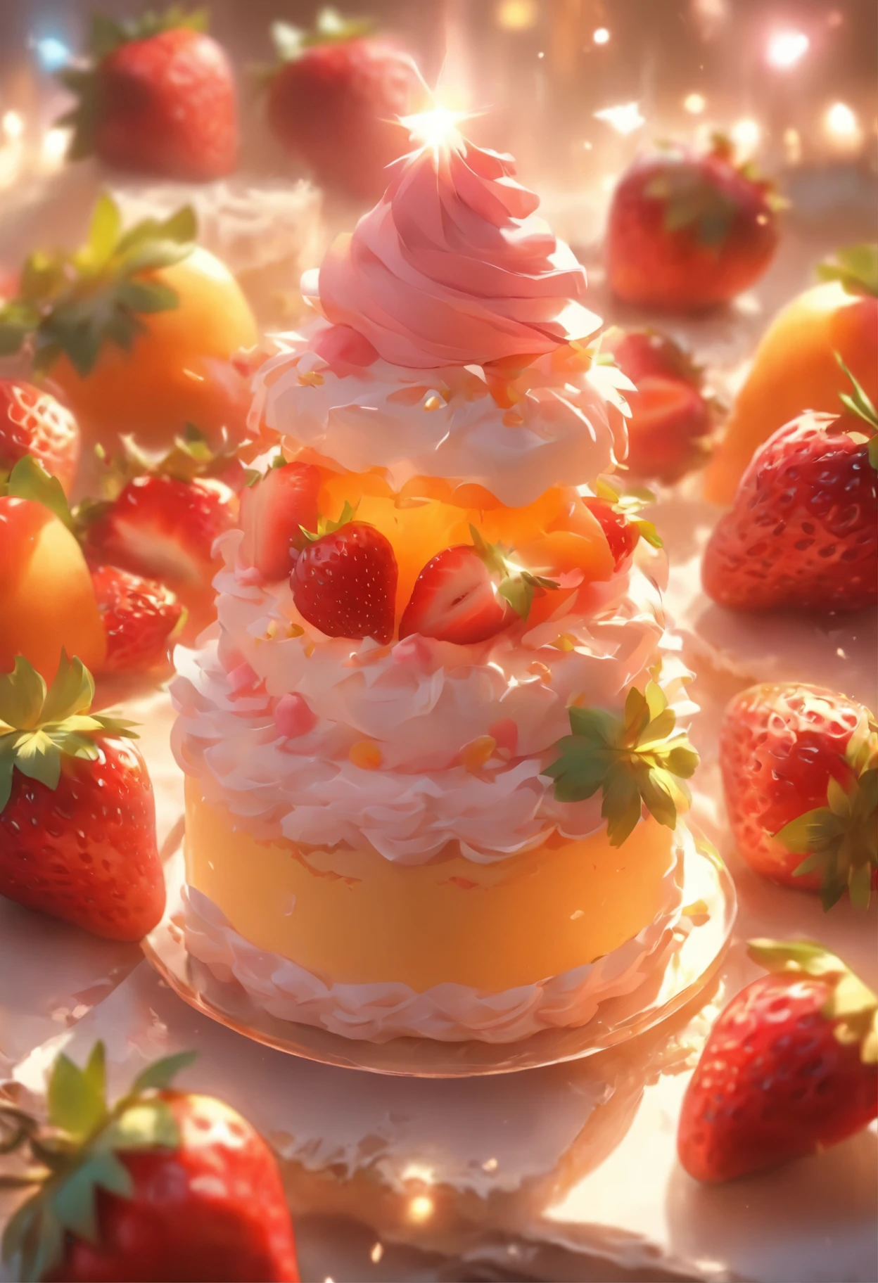 Highest image quality、highest quality、masterpiece、movie-like light、Cute cake、Pink cream、Place strawberries and peaches on top、Gentle light、There is no shadow、Glamorous image