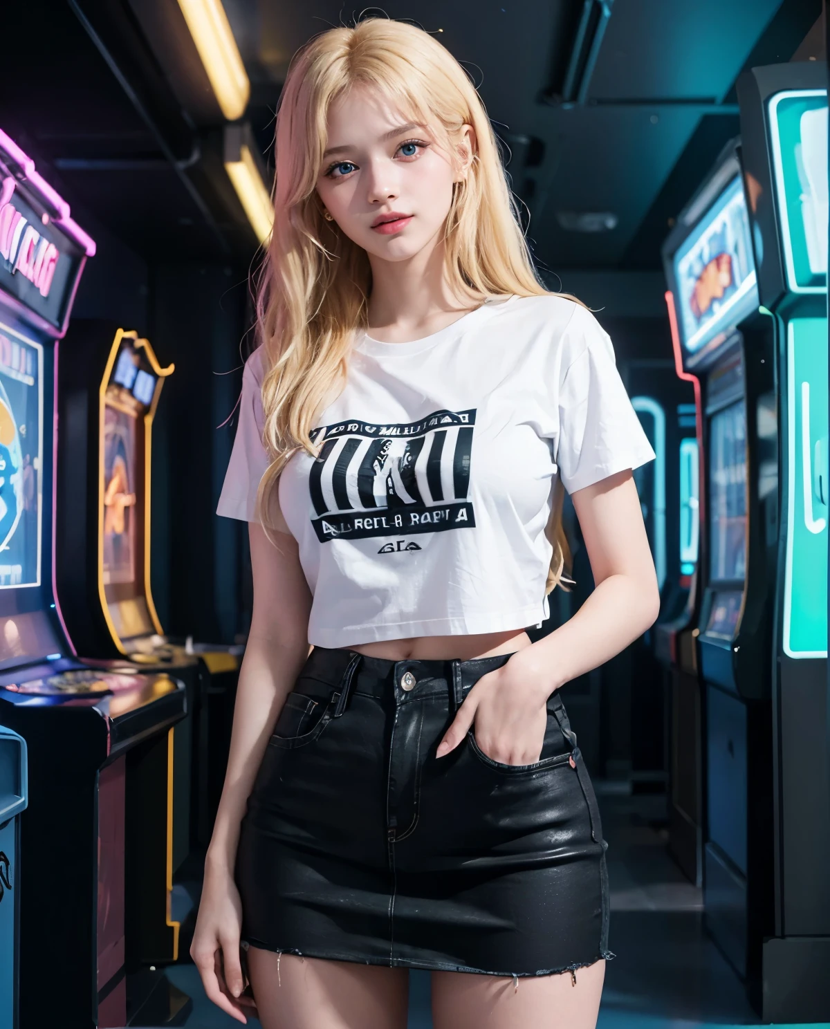 1girl, Blue eyes, (smiling), (Sana Minatozaki), wide hips, Big Boobs, big ass, (Best Quality, 8k, Masterpiece: 1.3), perfect hands, Clear Focus: 1.2, Perfect Body Beauty: 1.4 , Strongs Abs: 1.2, Highly detailed face and skin texture, detailed eyes, double eyelids, (blonde long hair), ((black and white t-shirt)), (jeans skirt), standing, in an arcade room, illuminated with neon lights, arcade games in the background