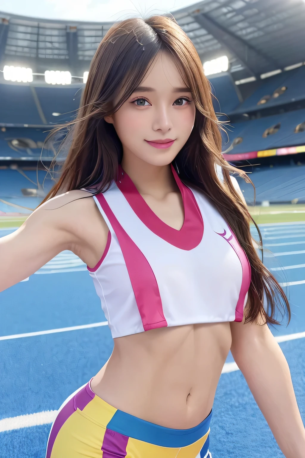 pieces fly、masterpiece、highest quality、Super detailed、High resolution、High resolution、8K portrait、Unity 8k壁紙のHigh resolutionCG、unity 8k wallpaper、cute:1.5、:1.5、Highly detailed CG unity 8k wallpaper、realistic、real person、cute、 portrait photography、shiny skin、High resolution、(20-year-old:1.2)、(1 girl)、beautiful clear eyes、very detailed explanation、delicate face、nice lips、slender body、thin waist、thin legs、(athletics stadium:1.3)、(small breasts:1.2)、(Colorful sleeveless track and field uniform:1.4)、(nipples are visible:1.2)、(big smile)、(abs:1.4)