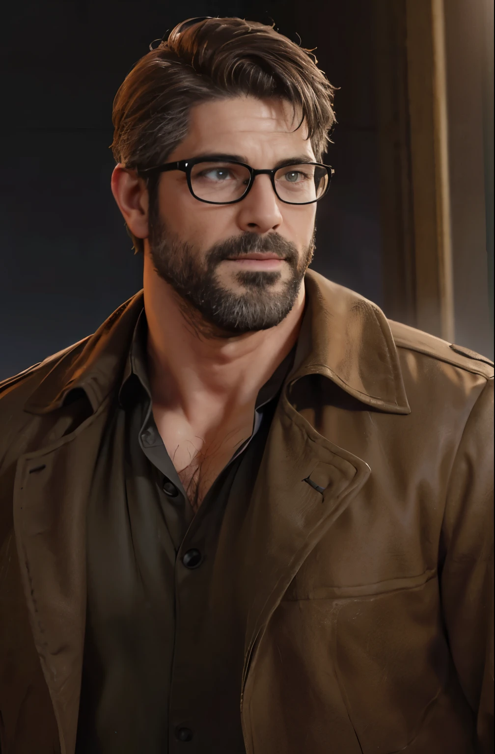 An award-winning original photo，A wild muscular man, (40 years old daddy:1.1), 1boy, Solo, glasses, (brown trenchcoat), (black dress shirt), (big shoulders), musculature, stubbles, Short beard, Beautiful eyes:1.3, ), (Detailed face:1.3), wearing glasses, smiles, Dynamic Angle, volumetric lighting, (Best quality, A high resolution, Photorealistic), Cinematic lighting, Masterpiece, RAW photo, Intricate details, hdr, depth of field, upper body shot