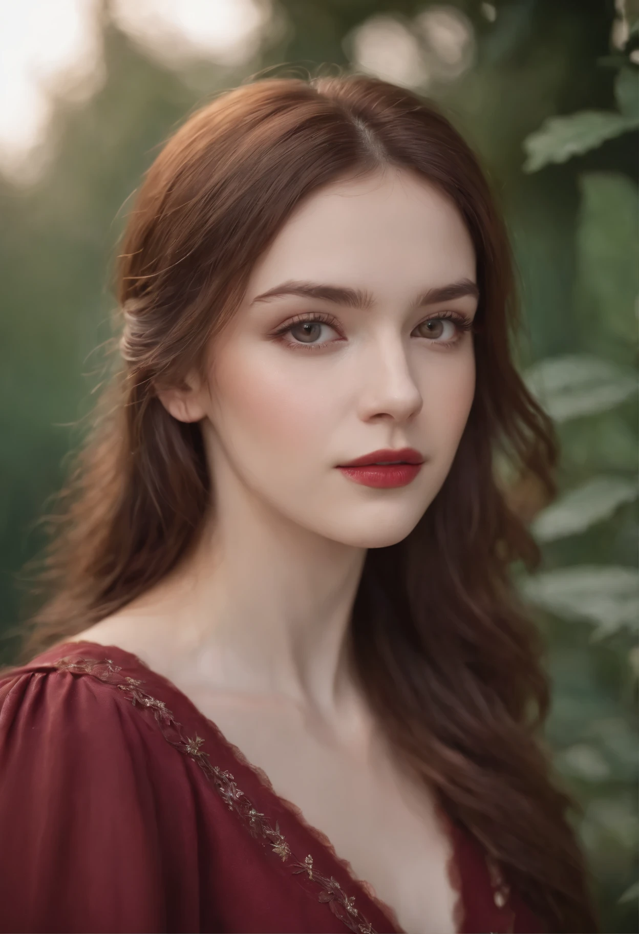 (((a deep reddish wound crosses her left cheek))) fair complexion, woman around 19 years old, natural brown hair, distinctive brown eyes, wearing maroon dress, slender and graceful, beautiful, stand in flower park setting, ultra sharp focus, realistic shot, medieval female clothes, tetradic colors (scar:1.4)