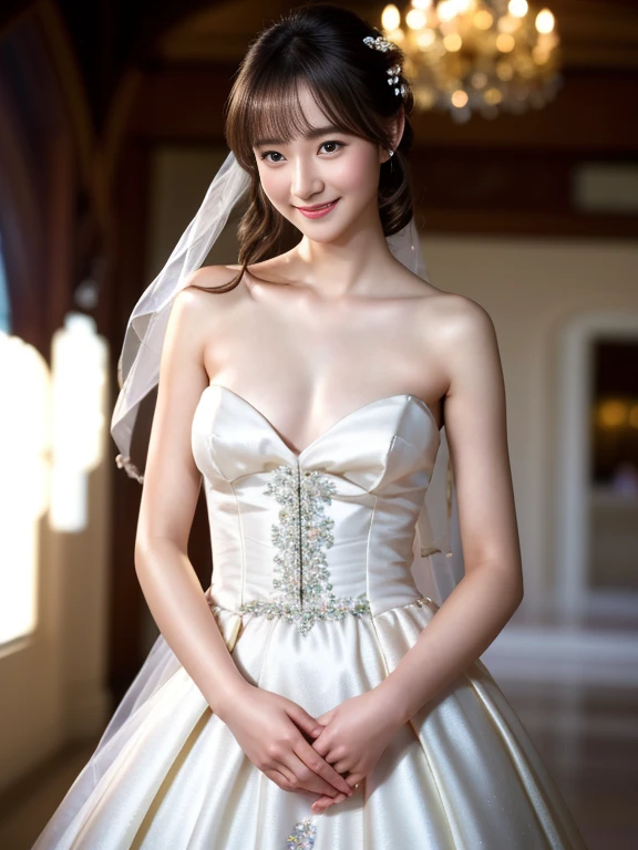 1 girl, smile, shiny skin, delicate face, best quality, masterpiece, (realistic: 1.4), wedding dress, random hairstyle, perfect figure, small breasts, princess