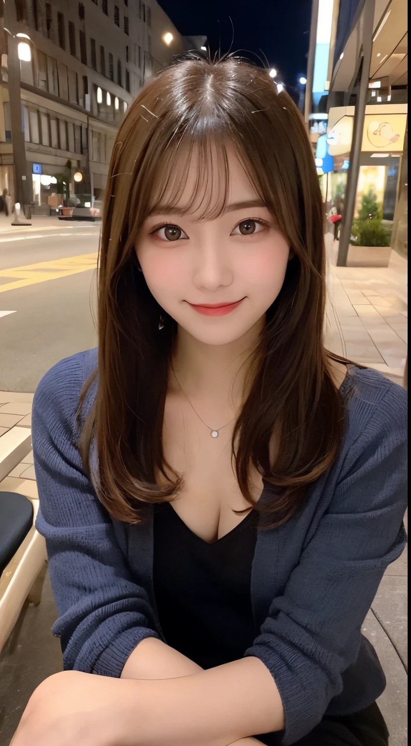 table top, highest quality, figure, super detailed, finely, High resolution, 8k wallpaper, 完璧なダイナミックな構figure, beautiful and fine eyes, winter dress,medium hair, small breasts, natural color lip,smile,big city、20 year old girl、midnight、beautiful and detailed face、perfect and beautiful face、slim face and style,spread your arms wide,Big eyes,Take a photo from below the knees at a face angle