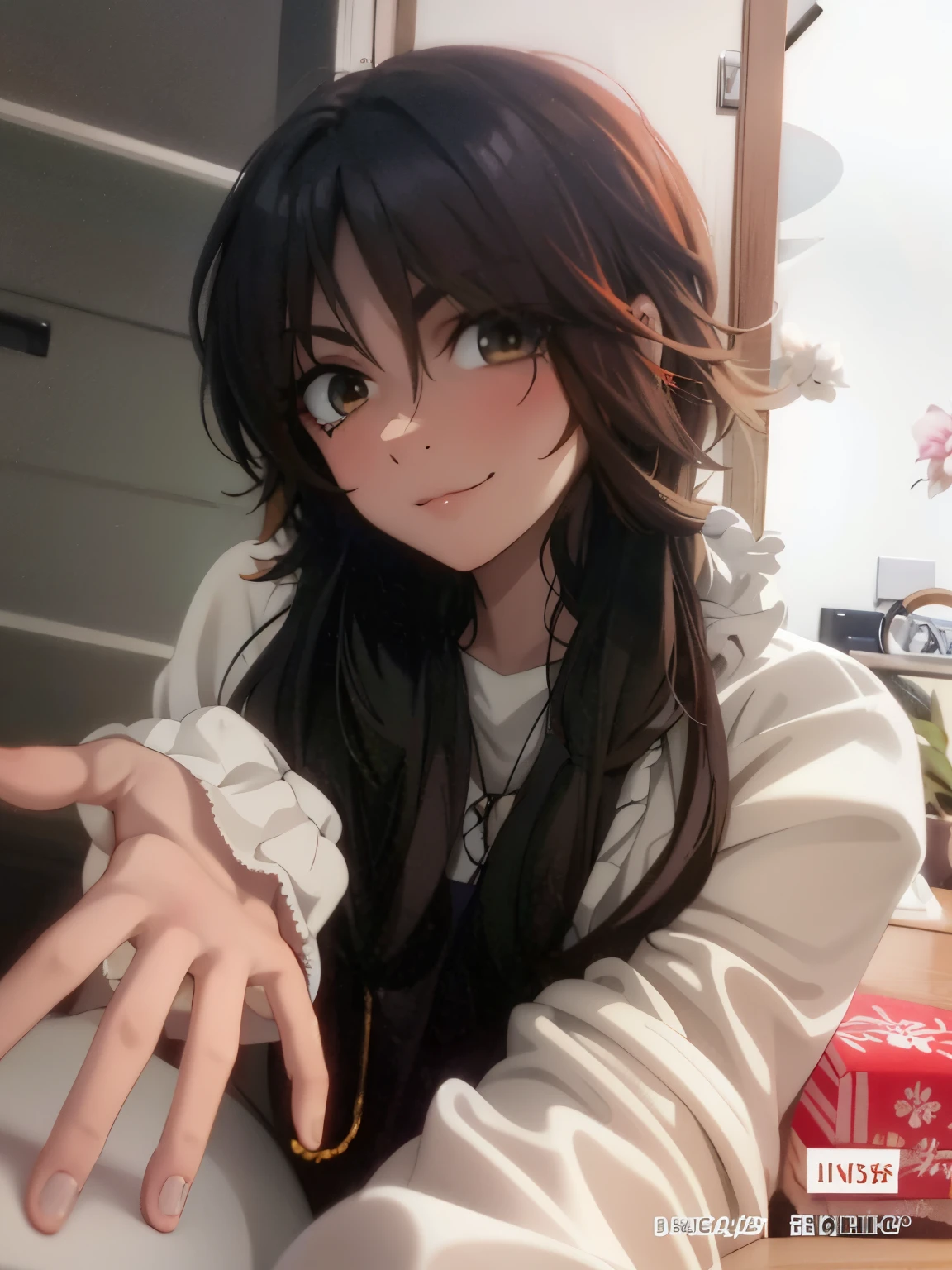 orange hair, with black eyes, white dot iris, orange skin color, milf, smirk