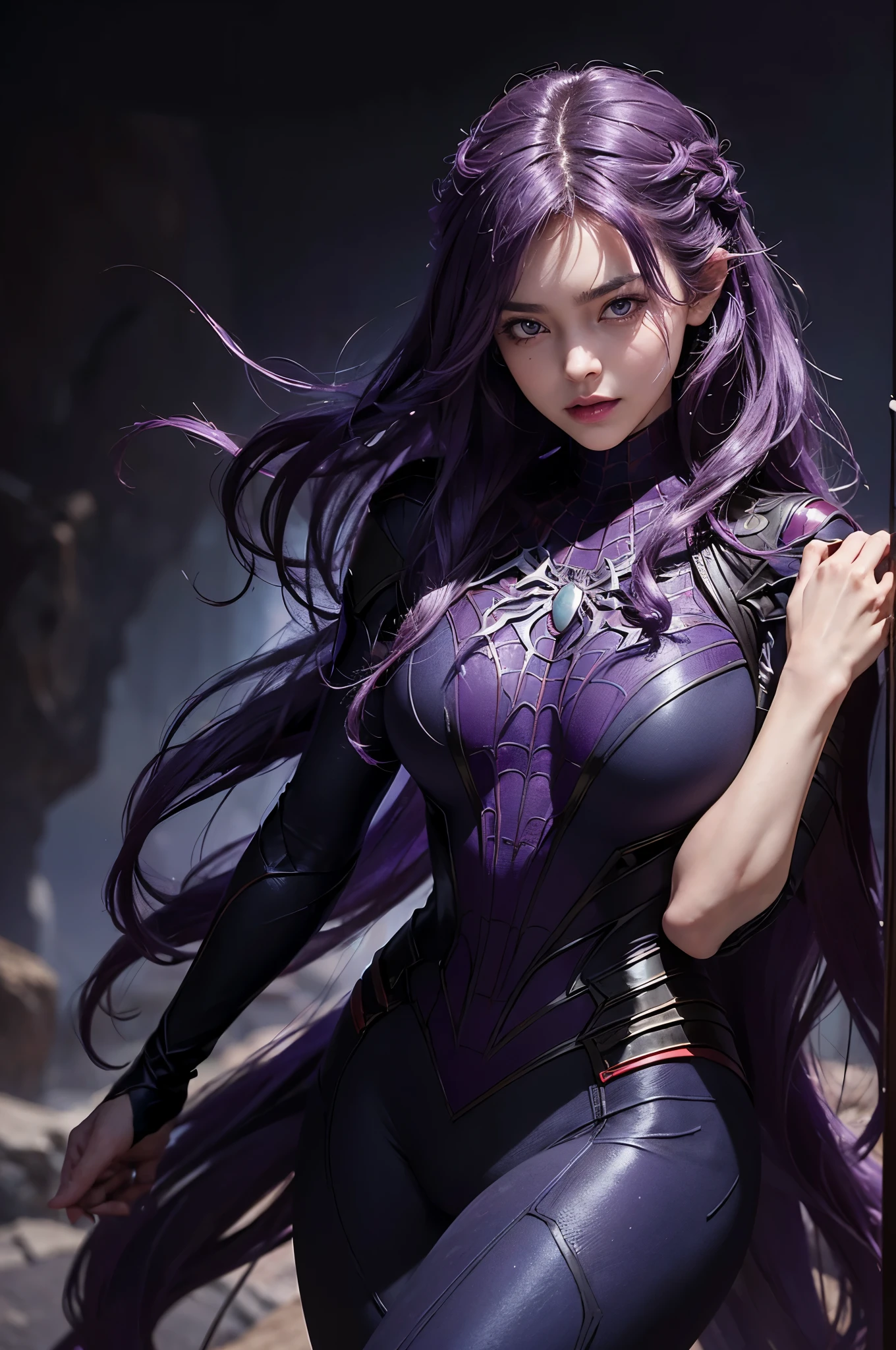 (Extreme Detail CG Unity 8K wallpaper, masterpiece, highest quality), (Exquisite lighting and shadow, highly dramatic picture, Cinematic lens effect), a beautiful girl in a purple Spider-Man costume, purple curly hair color, long hair, braiding hair, beautiful purple eye, evil face, pursed lips, from the Spider-Man parallel universe, Wenger, Marvel, Spider-Man, on the cave, very beautiful face, dynamic pose), (excellent detail, excellent lighting, wide angle), (excellent rendego on cave, enough to stand out in cave, clasocus on purple Spider-Man costumes, complex spider textures