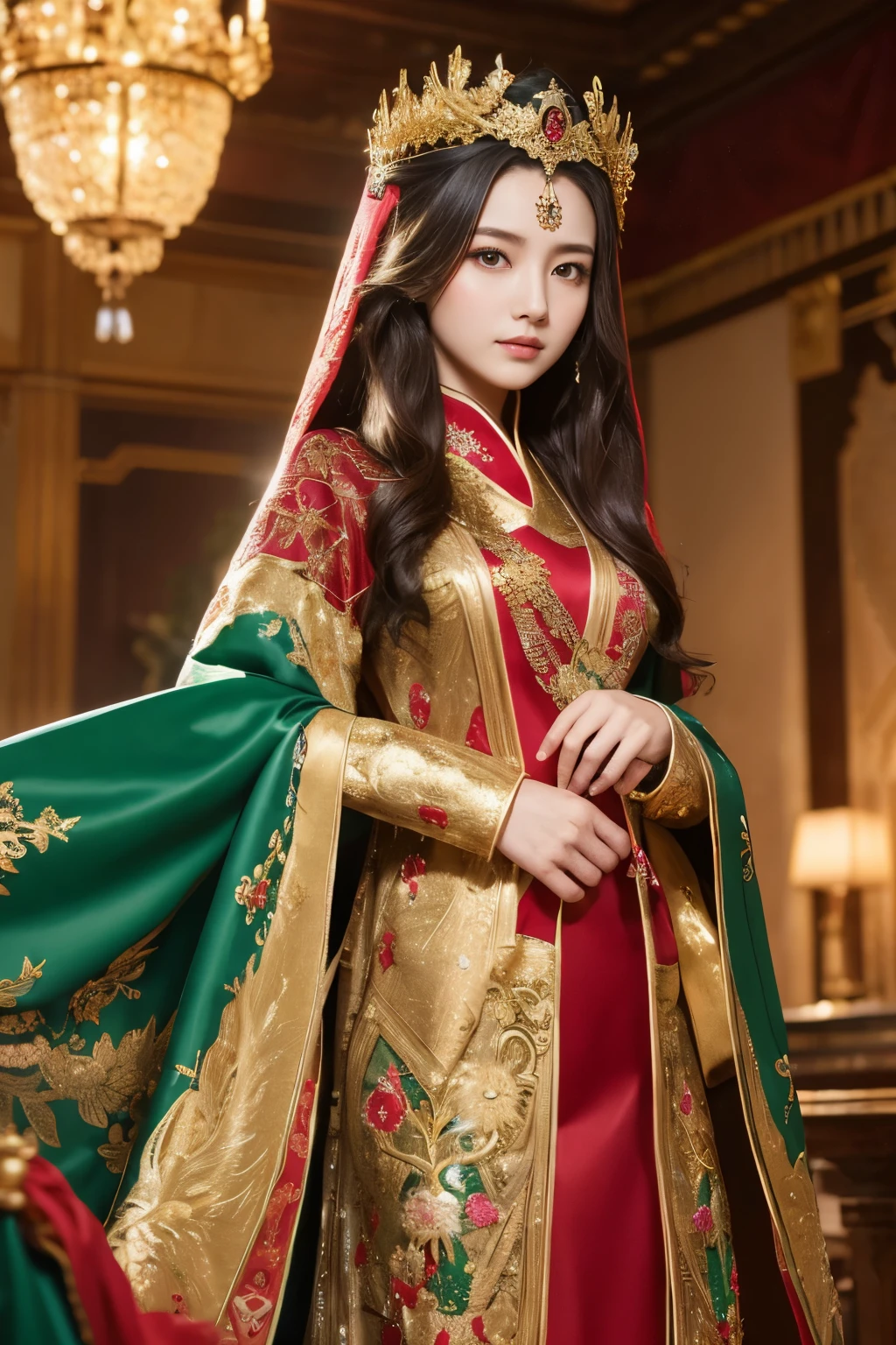 masterpiece,highest quality,ultra high resolution),japanese woman, Very beautiful girl, naive girl、perfect limbs、perfect anatomy、Shining beautiful skin、Moist eyes、Brown glittery hair、Colors and landscapes of youth、premonition of love,A woman wearing a green and red costume and a cloak, Imperial royal elegant clothing with gold embroidery, royal elegant pose, royal dress, high quality theatrical costumes, Embroidered uniform guard,wearing aristocratic costumes, beautiful fantasy empress, high quality costumes, beautiful costume,zodiac girl,Phoenix Warrior, palace