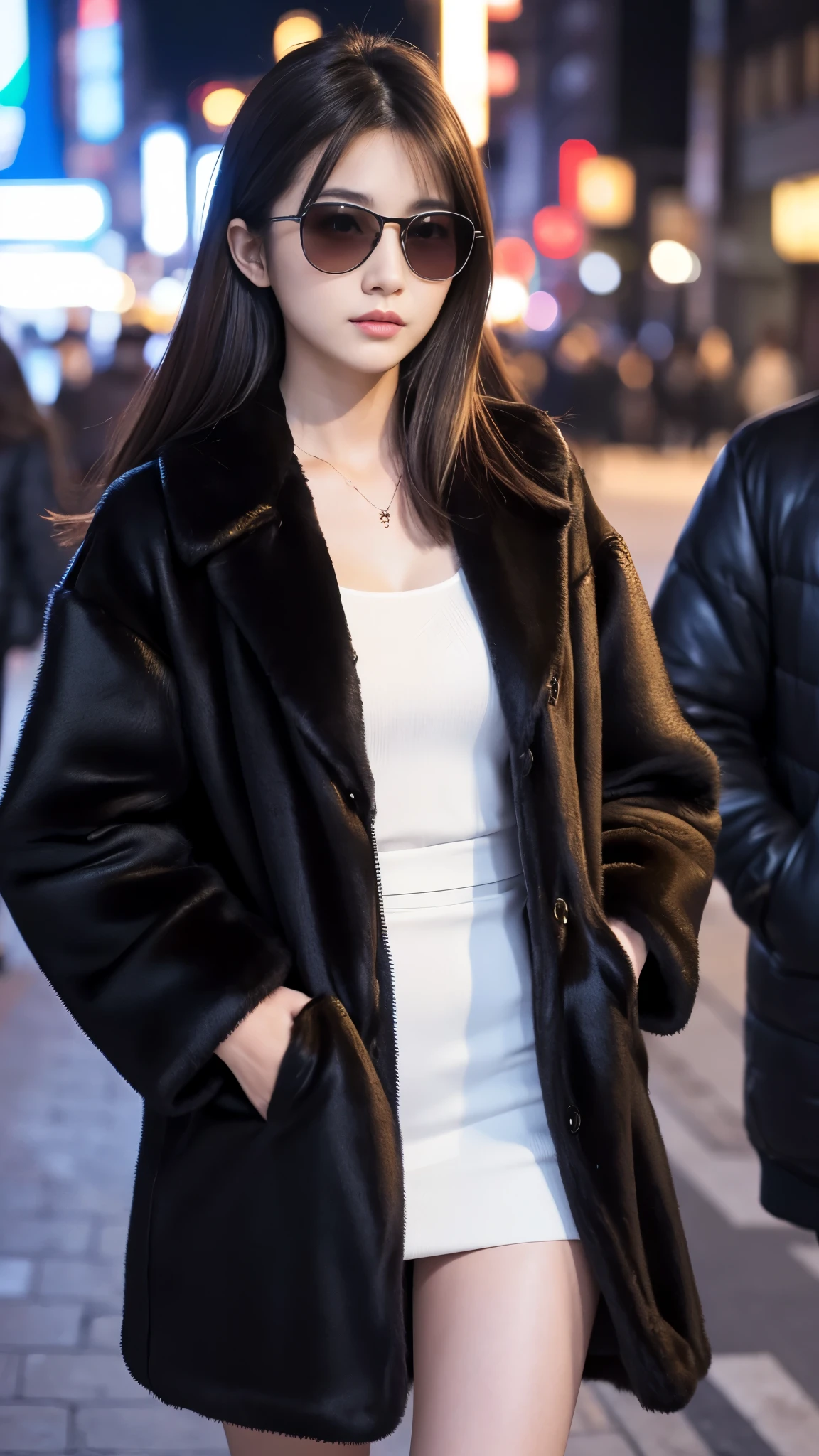 Best-quality, Masterpiece, Ultra-High-Resolution, (Photorealistic:1.4), Raw-Photo, 1girl, 18-years-old, the most famous Japanese actress, at midnight, walking at HIROSHIMA street, wearing extremely luxurious fur-coat and sunglasses with stylish-design, extremely beautiful face like the most popular Japanese actress, extremely beautiful hair, extremely beautiful lips, extremely beautiful skins, perfect proportion, detailed midnight, detailed HIROSHIMA-street, detailed luxurious-fur-coat