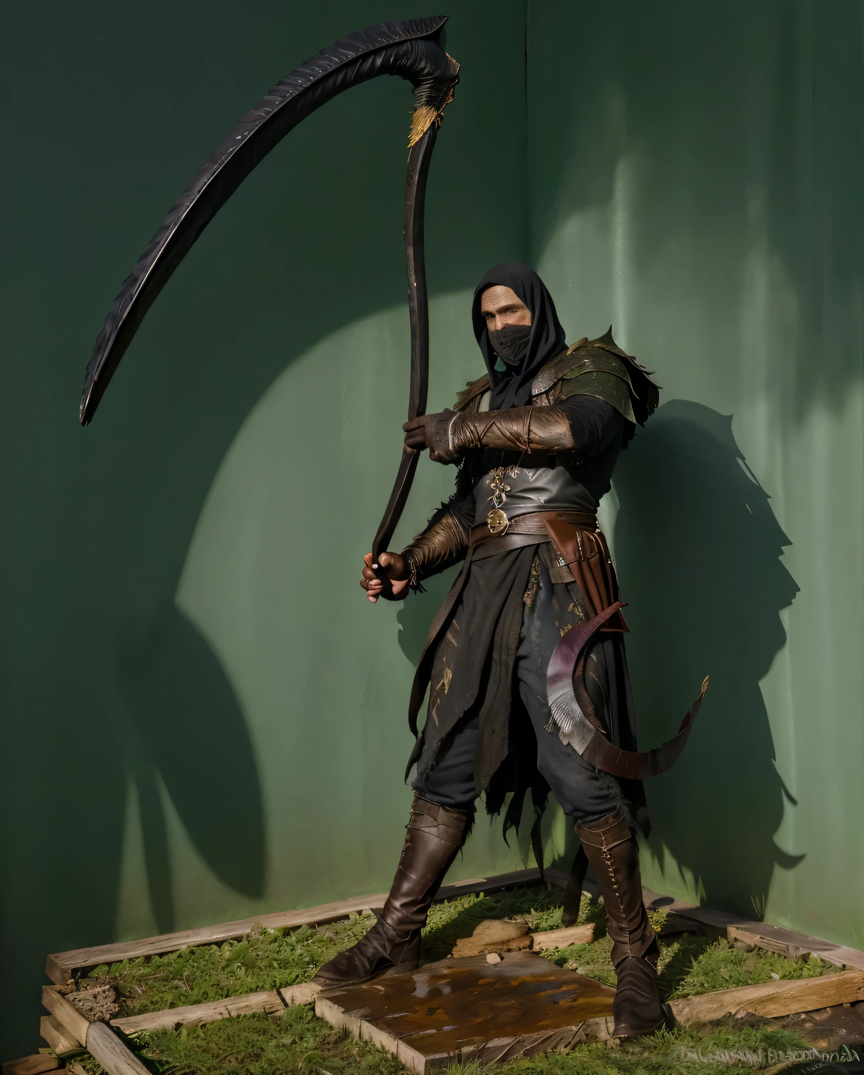 pintura de um homem em uma floresta escura com um capuz em, figura escura encapuzada, Nazgul, nazgul from lord of the rings, Wraith com capuz escuro, Camuflada, figura envolta, pintura de fantasia fosca grimEscuro, Escuro, dark fantasy oil painting, nevoeiro escuro rodeia-o, Manto preto escondido nas sombras, Stefan Koidl inspirado
