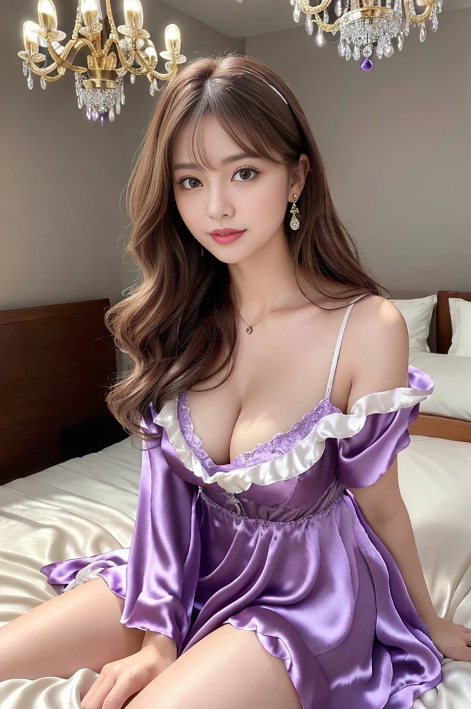 (masterpiece、8K、Highest image quality、highest quality:1.5)、(Focus on your face:1.5)、professional photos、20-year-old、woman、bleached hair、(I'm in a luxury hotel bedroom.:1.4)、(There are beautiful ornaments in the background:1.4)、(I'm on the bed:1.5)、(A soft light shines on her:1.6)、(there is a chandelier:1.5)、(Detailed and realistic light and shadow:1.5)、(She is wearing a bright purple and white nightgown made of silk material.:1.5)、(posing in a sexy pose:1.5)、(light ash brown hair color:1.4)、Loose curly hair、detailed skin、detailed face、detailed hair、detailed eyes、(I can see the cleavage:1.5)、look at the camera、best lighting、cutest face、sharp jaw line、(I'm laughing a little:1.4)、legs are very beautiful、(full body portrait:1.4)、natural makeup、(Angle from the front:1.4)、(The line of the legs is very beautiful:1.5)