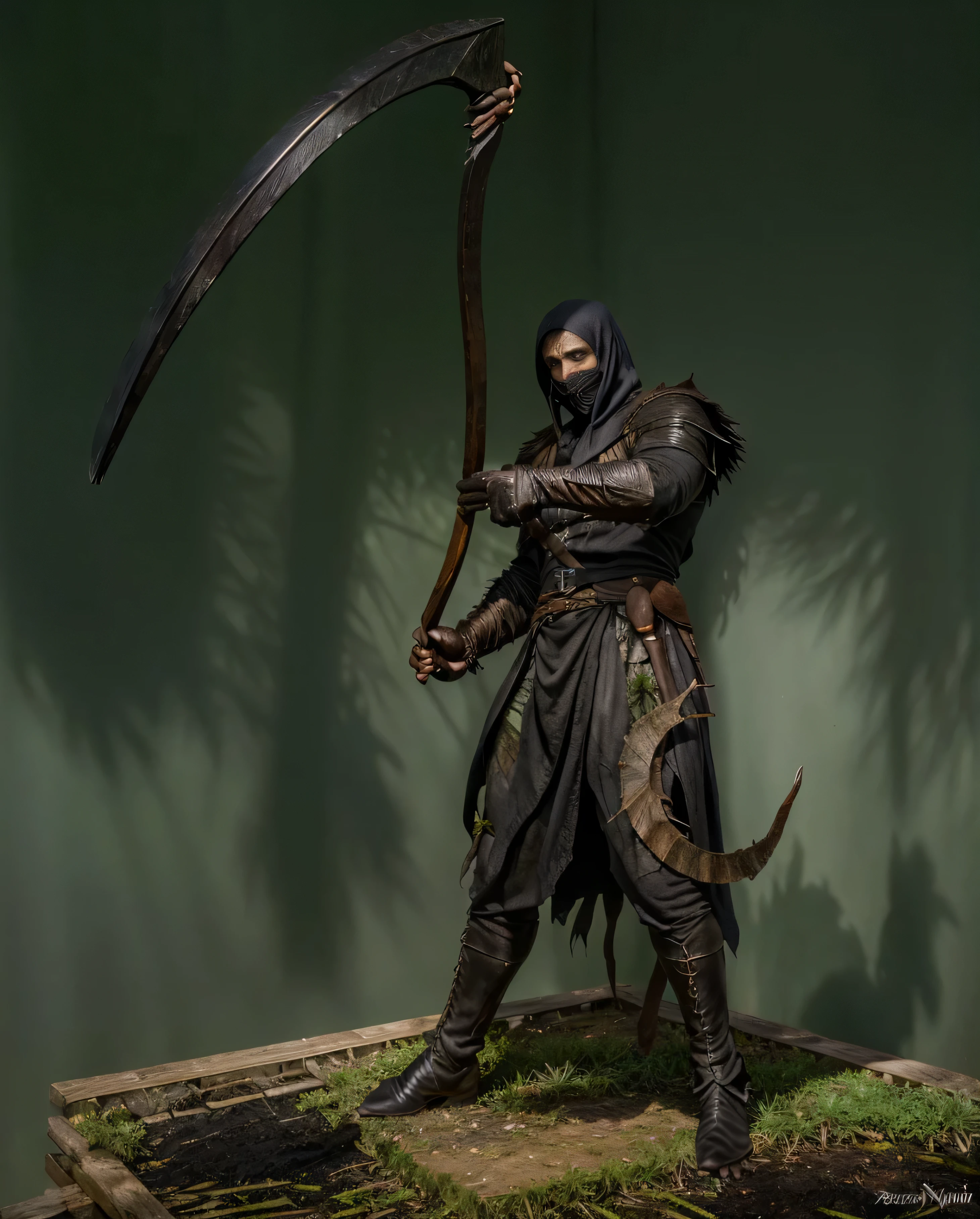 pintura de um homem em uma floresta escura com um capuz em, figura escura encapuzada, Nazgul, nazgul from lord of the rings, Wraith com capuz escuro, Camuflada, figura envolta, pintura de fantasia fosca grimEscuro, Escuro, dark fantasy oil painting, nevoeiro escuro rodeia-o, Manto preto escondido nas sombras, Stefan Koidl inspirado