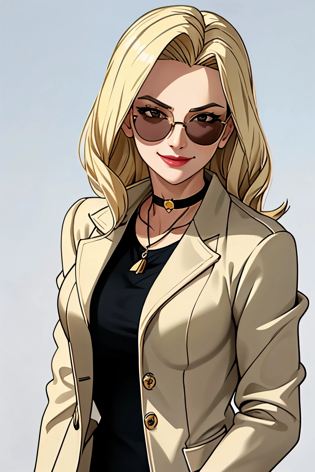 ((Masterpiece, best quality)),edgQuality,smirk,smug,
edgCJ woman, mature woman, 40 years old woman, a woman in a jacket ,wearing edgCJ,chic jacket
blonde nadia, sunglasses,choker