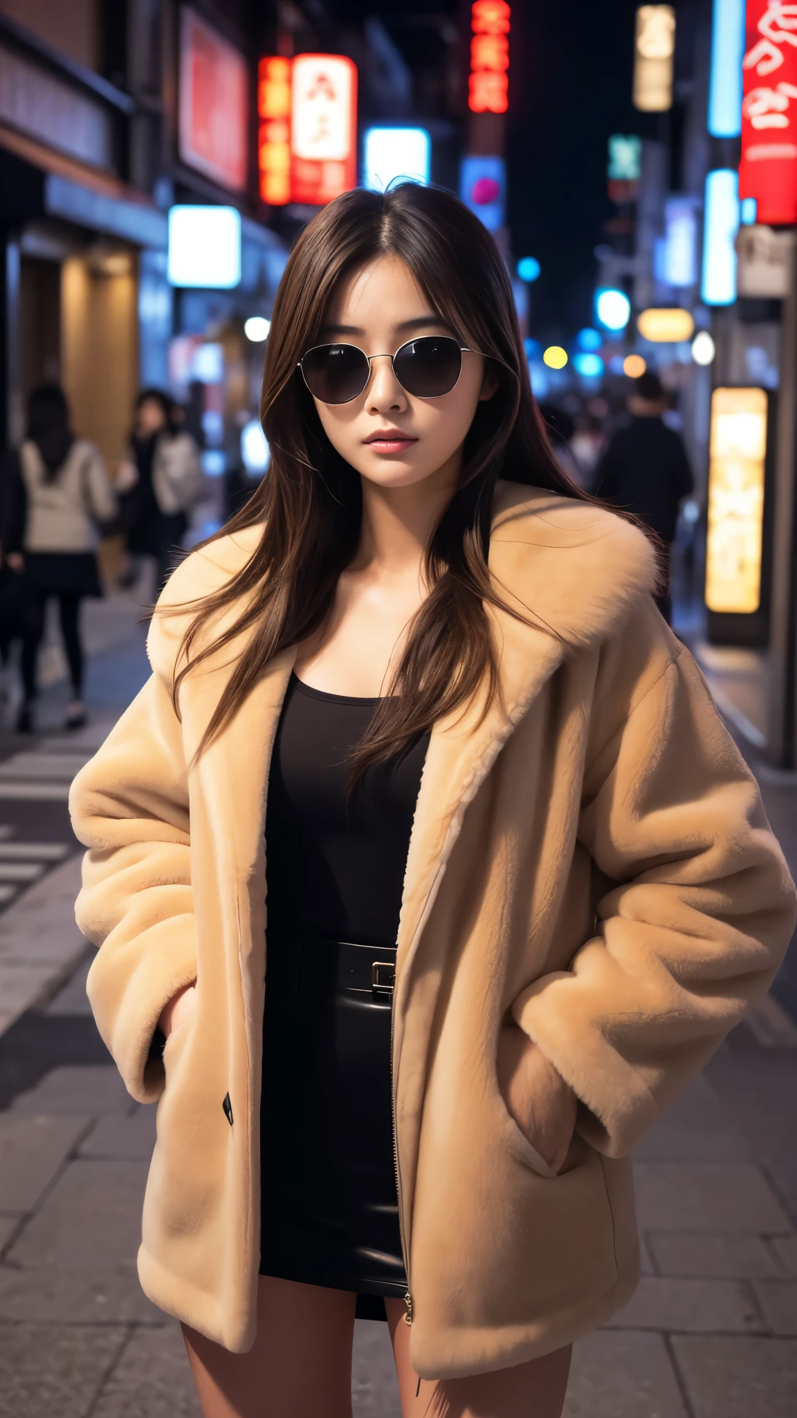 Best-quality, Masterpiece, Ultra-High-Resolution, (Photorealistic:1.4), Raw-Photo, 1girl, 18-years-old, the most famous Japanese actress, at midnight, smoking at HIROSHIMA street, wearing extremely luxurious fur-coat and sunglasses with stylish-design, extremely beautiful face like the most popular Japanese actress, extremely beautiful hair, extremely beautiful lips, extremely beautiful skins, perfect proportion, detailed midnight, detailed HIROSHIMA-street, detailed luxurious-fur-coat