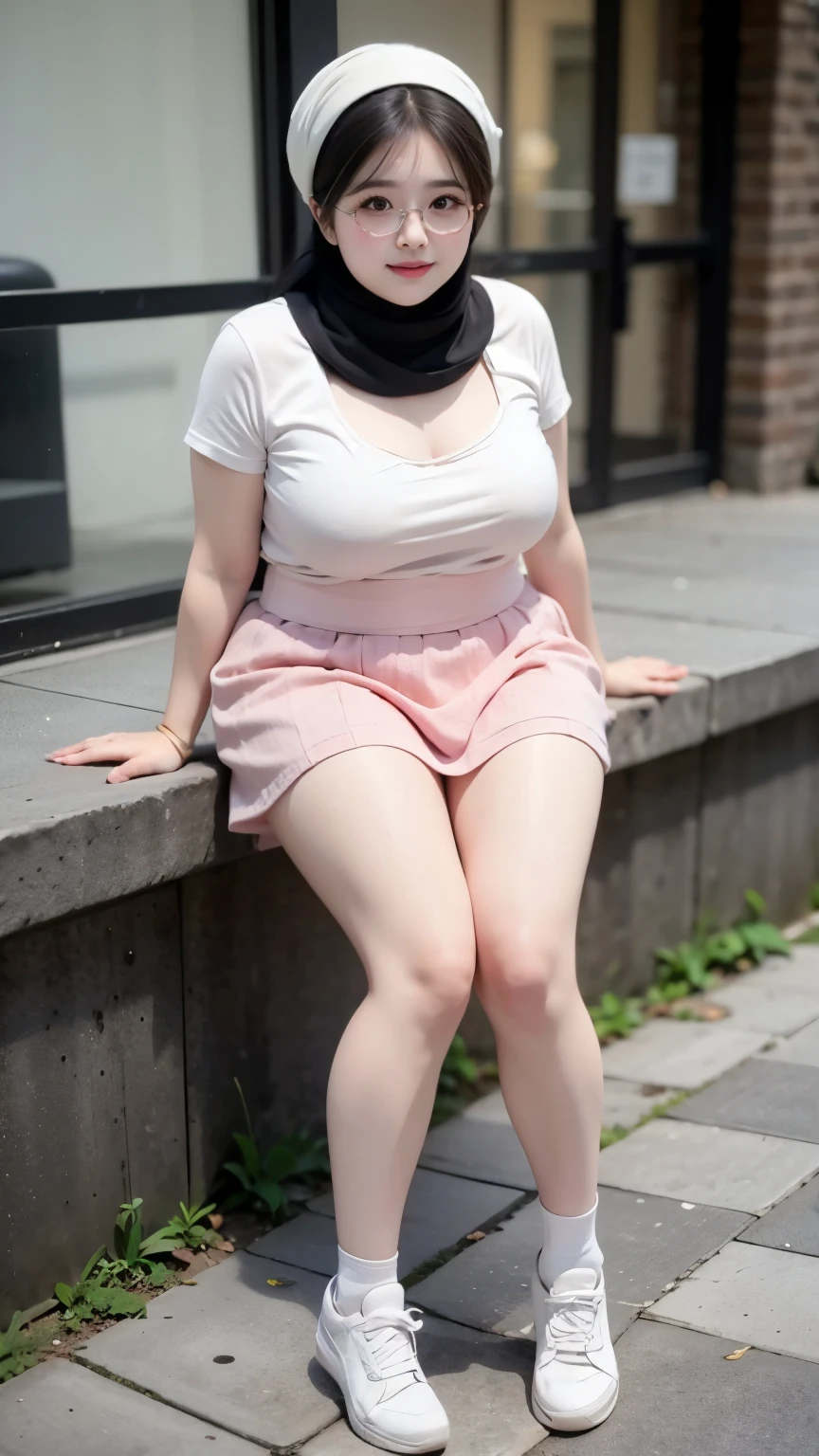 ((best quality)), (detailed), perfect face, naughty, (iu:0.8),cleavage, RAW, Best quality, high resolution, Masterpiece: 1.3, Beautiful glasses pearl_skinned sexy hijabi, Masterpiece, Soft smile, full body, chubby body, thight skirt, chubby arm, chubby thighs, sneakers, wearing a t-shirt 