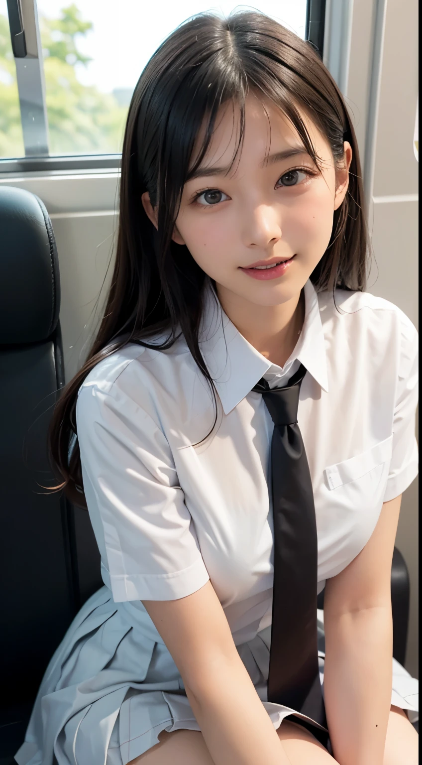 (masutepiece, Best Quality:1.2), 8K, 12yo student, 85 mm, Official art, Raw photo, absurderes, pink dress shirts, Pretty Face, close up,, violaceaess, gardeniass, Beautiful Girl,Look at me and smile,School uniform, (white pleated skirt:1.1), Cinch West, thighs thighs thighs thighs, Short sleeve,((Big breasts that are about to burst 3.0)), on train, Sitting on a bench seat, Looking at Viewer, No makeup, (Smile:0.4), Film grain, chromatic abberation, Sharp Focus, face lights, clear lighting, Teen, Detailed face, Bokeh background, (dark red necktie:1.1),