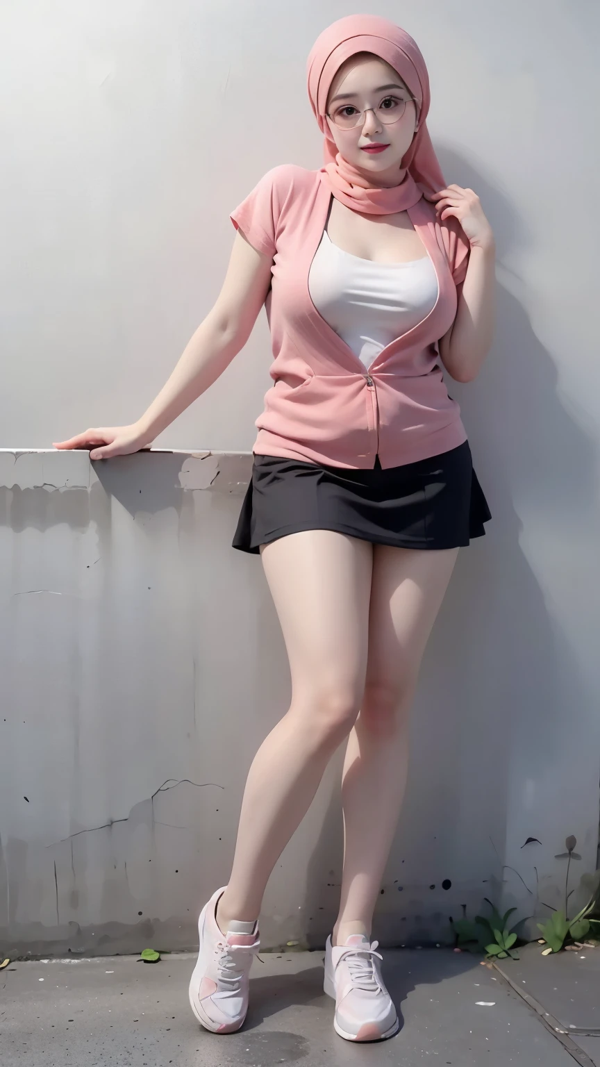 ((best quality)), (detailed), perfect face, naughty, (iu:0.8),cleavage, RAW, Best quality, high resolution, Masterpiece: 1.3, Beautiful glasses pearl_skinned sexy hijabi, Masterpiece, Soft smile, full body, chubby body, thight skirt, chubby arm, chubby thighs, sneakers, wearing a t-shirt 