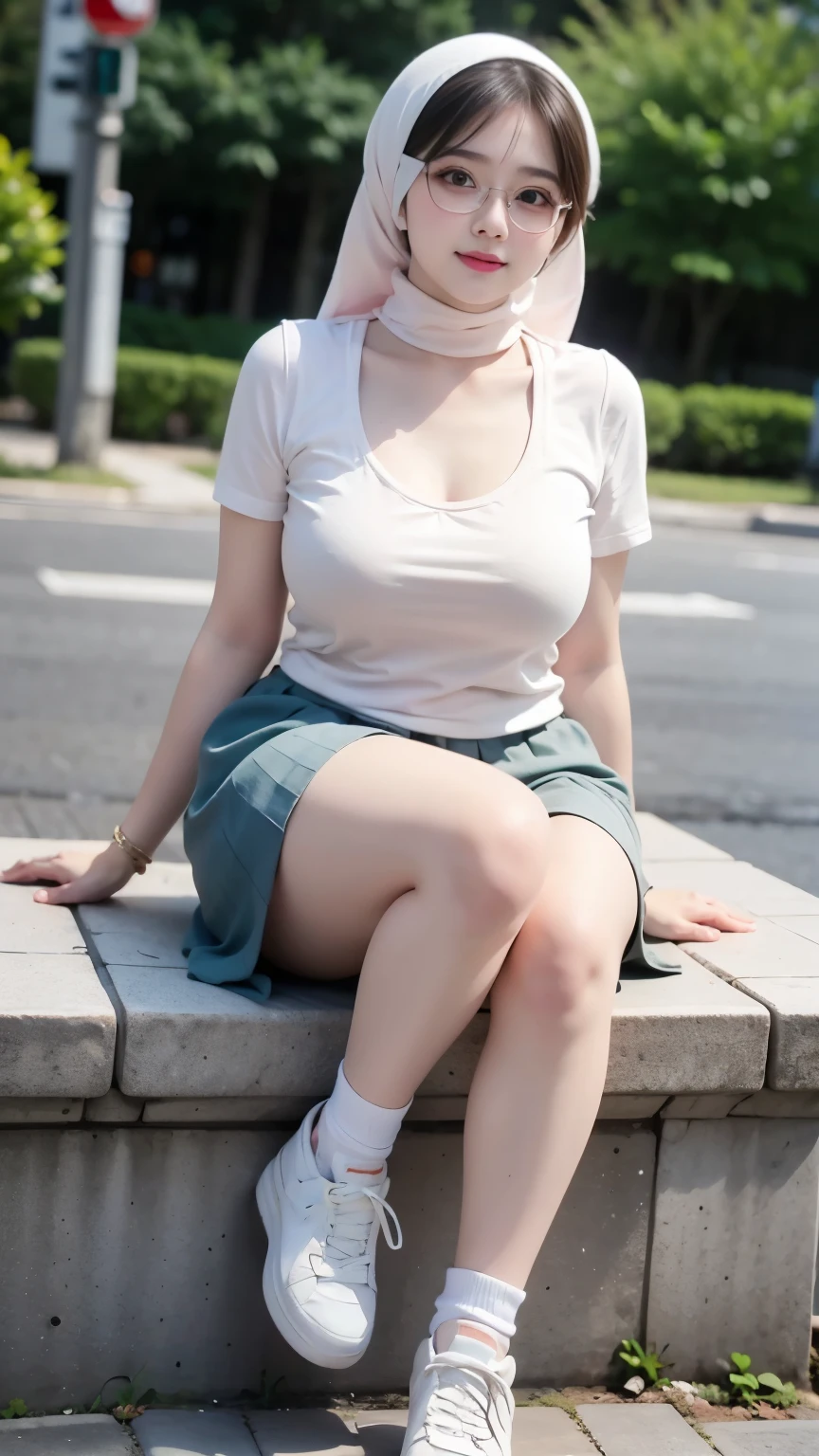 ((best quality)), (detailed), perfect face, naughty, (iu:0.8),cleavage, RAW, Best quality, high resolution, Masterpiece: 1.3, Beautiful glasses pearl_skinned sexy hijabi, Masterpiece, Soft smile, full body, chubby body, thight skirt, chubby arm, chubby thighs, sneakers, wearing a t-shirt